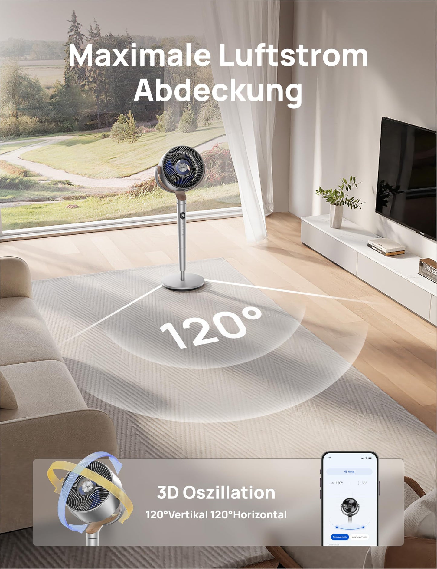 DREO Smart Pedestal Fan with RGB Light, 120° +120° Oscillating Fan with Remote Control, 20dB Quiet Floor Fan for Bedroom, 8H Timer, Silver - DR-HPF008S