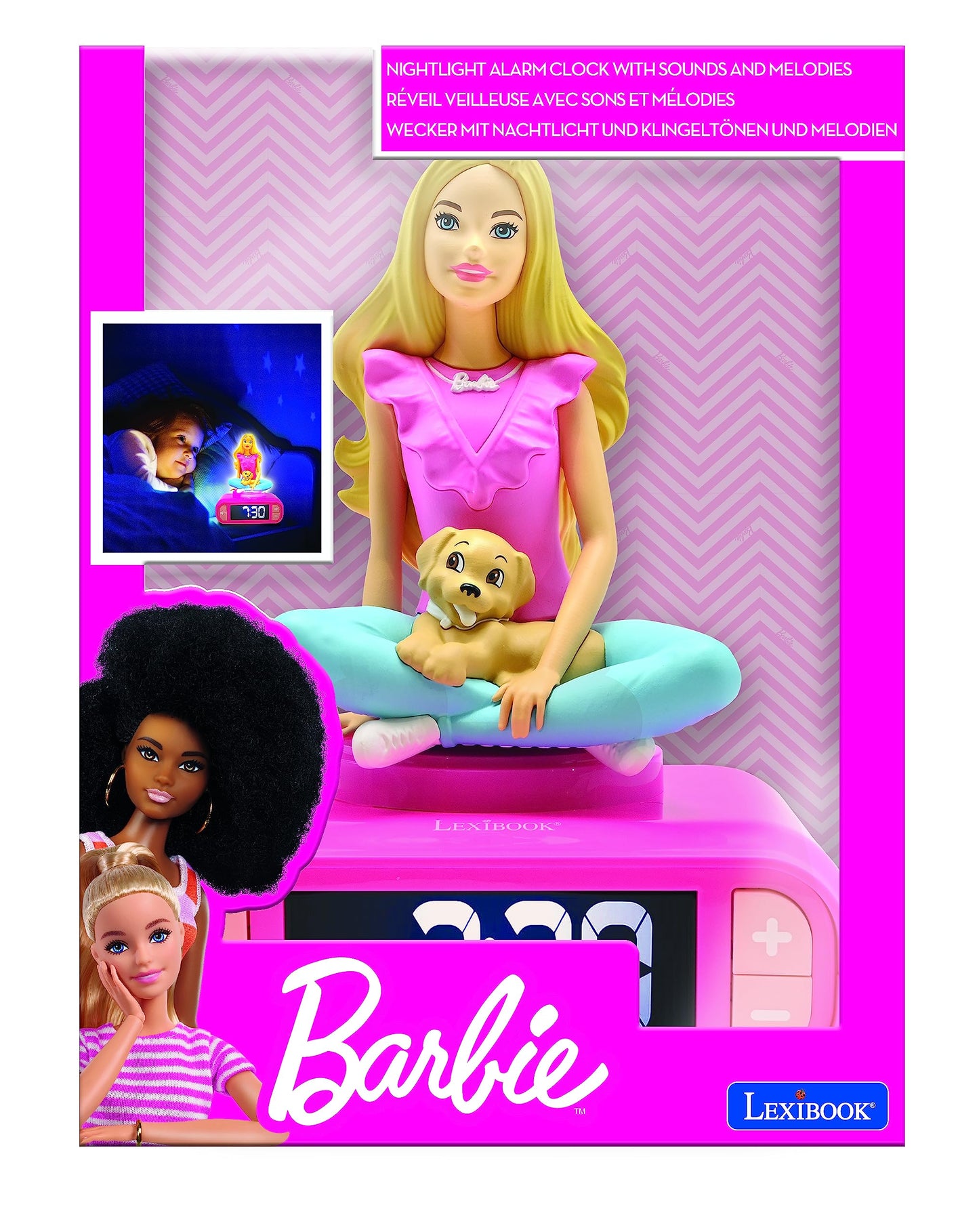 Lexibook, Barbie, Night Alarm Clock, Sounds and Melodies, LCD Screen with Backlight, Illuminated, Snooze, Pink, RL800BB