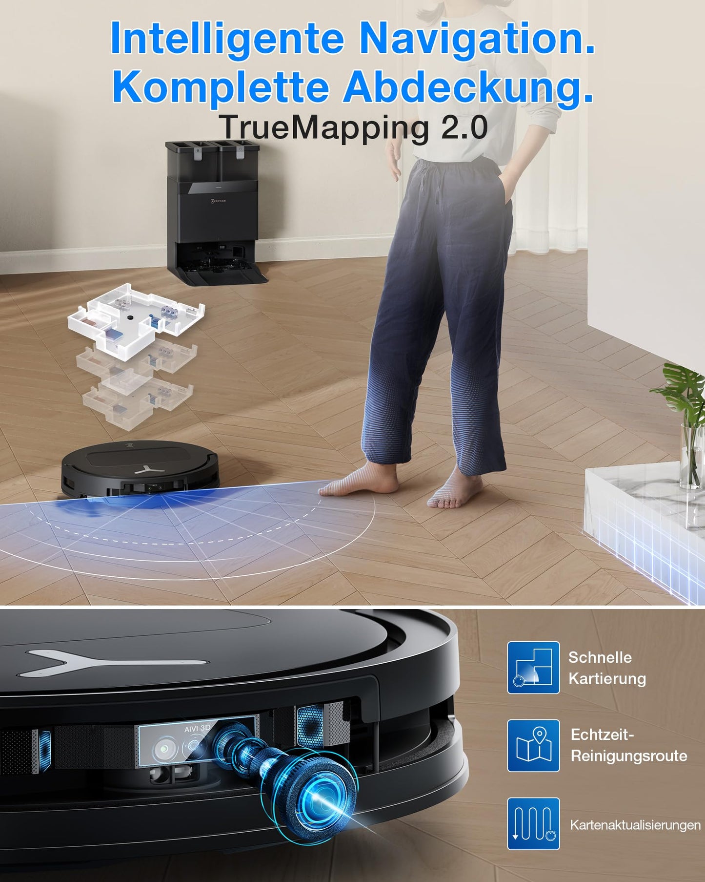 ECOVACS DEEBOT T50 Omni Gen3 robot vacuum cleaner with mopping function, 25,000 Pa, ZeroTangle 3.0, AIVI 3D 2.0, all-in-one omni station, cleaning the mop at 75 °C, ultra-flat 81 mm, matt black