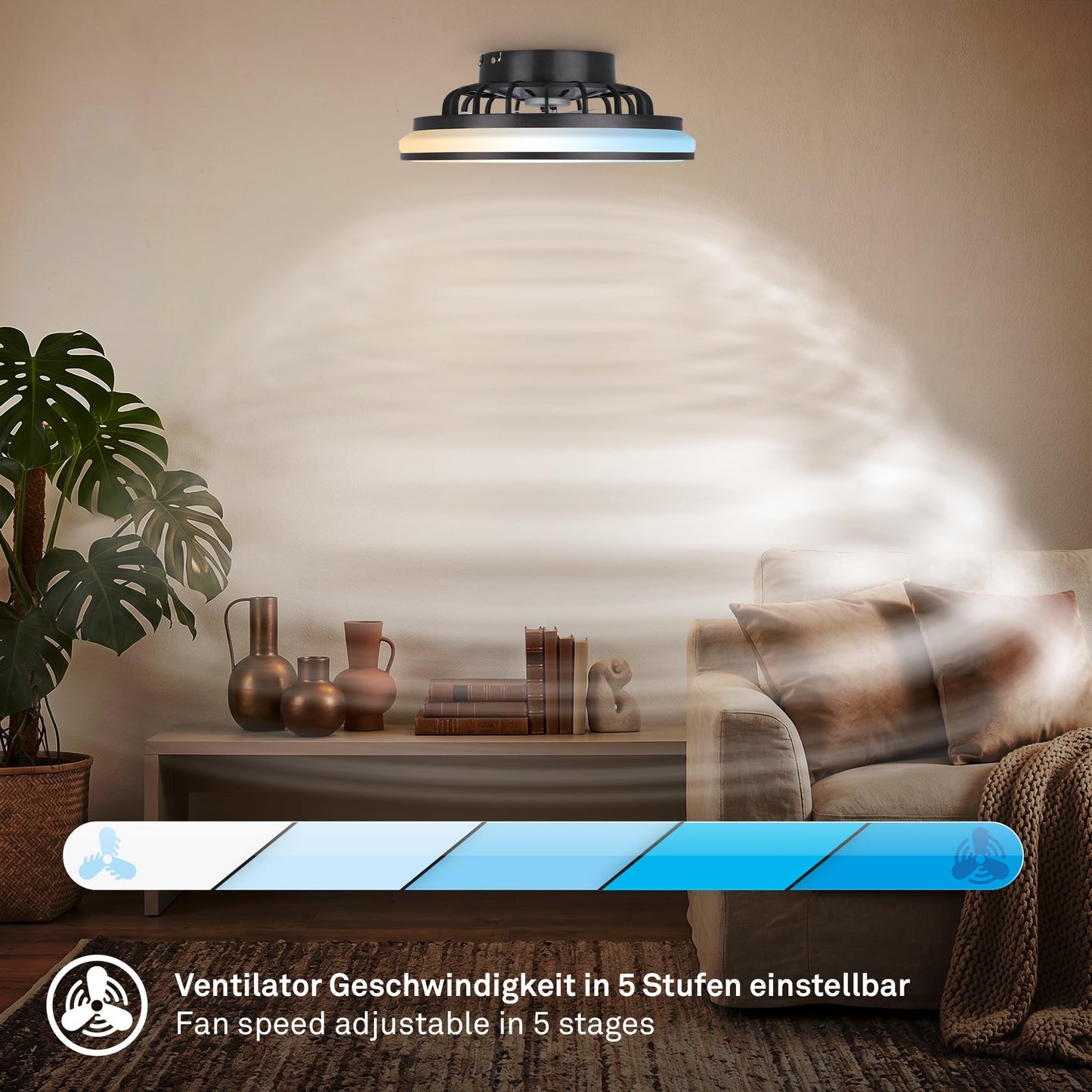 BRILONER - LED ceiling fan with lighting, remote control, quiet DC motor, 5 speeds, CCT, dimmable, lamp with fan, LED ceiling light, ceiling lamp fan, 38 cm, black - 3970015