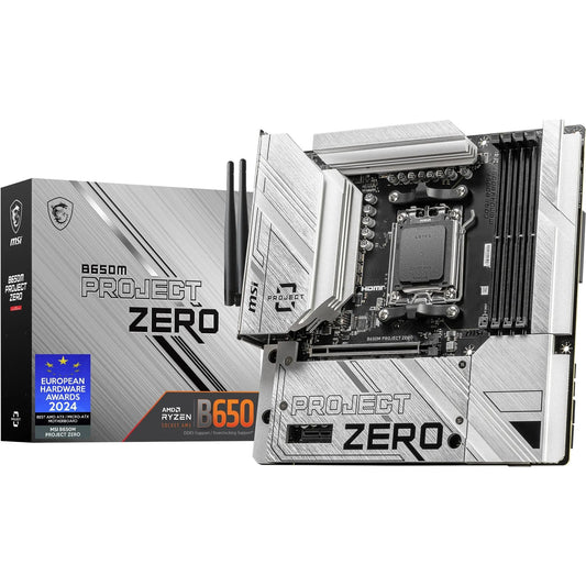 Placa de bază MSI B650M Project Zero, Micro-ATX Back-Connect - Suportă procesoare din seria Ryzen 9000, 8000 și 7000, AM5 - Memorie DDR5 Boost 6400+MHz/OC, 1 x PCIe 4.0 x16, 2 x M.2 Gen4, Wi-Fi 6E - 7E09-003R