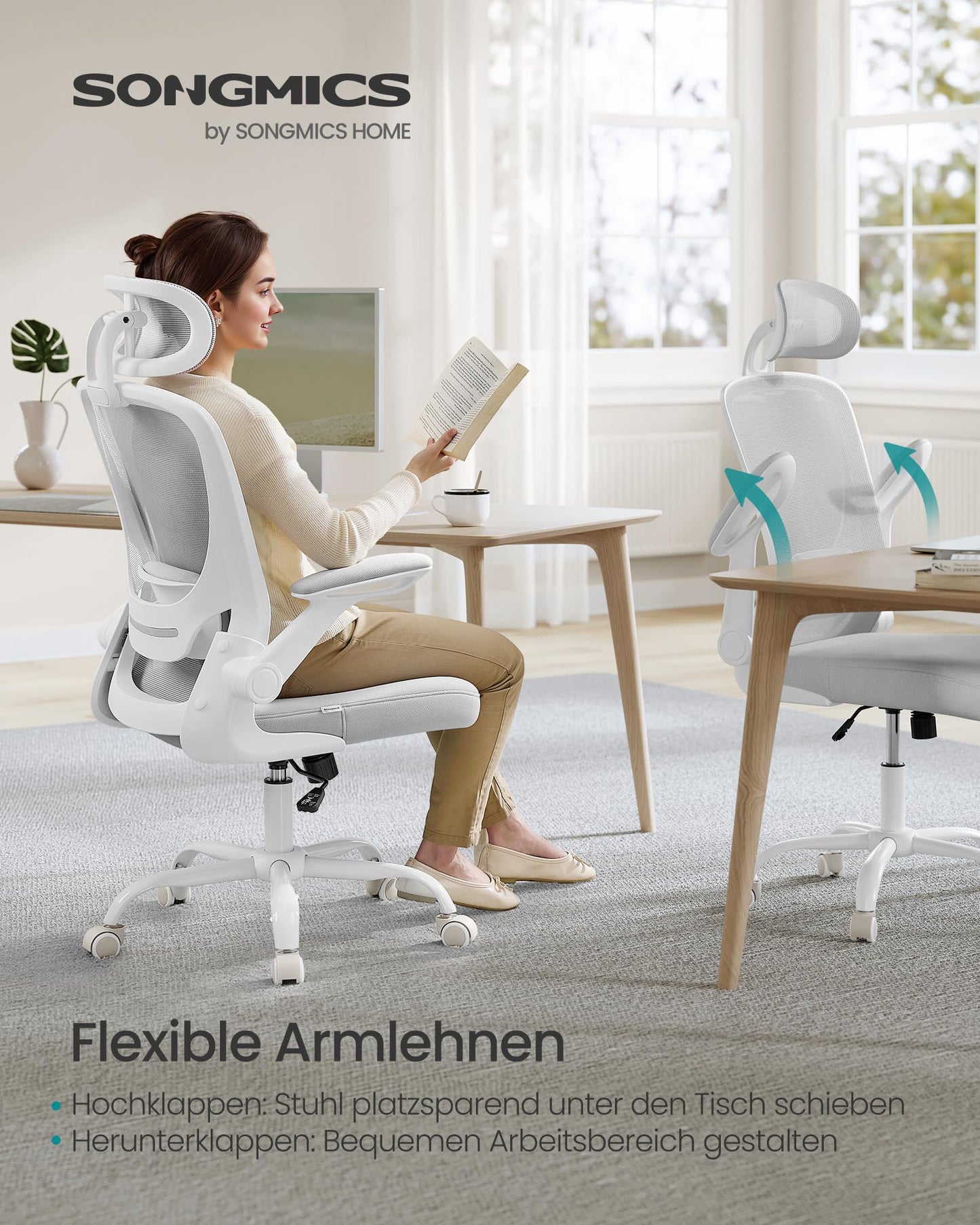 SONGMICS ergonomic office chair, swivel chair with mesh, lumbar and headrest, rocker function, 53 cm seat, folding armrests, study and bedroom, students, dove gray OBN047G01 - OBN047G02