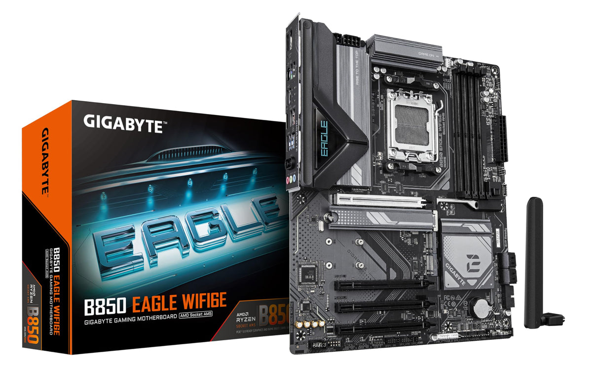 Placă de bază GIGABYTE B850 Eagle WIFI6E - compatibilă cu procesoarele AMD Ryzen 9000 Serie, VRM digital 8+2+2 faze, suport pentru memorie DDR5 de până la 8200MHz (OC), 1xPCIe 5.0 + 2xPCIe 4.0 M.2, GbE LAN, WiFi 6E, USB 3.2 Gen 2
