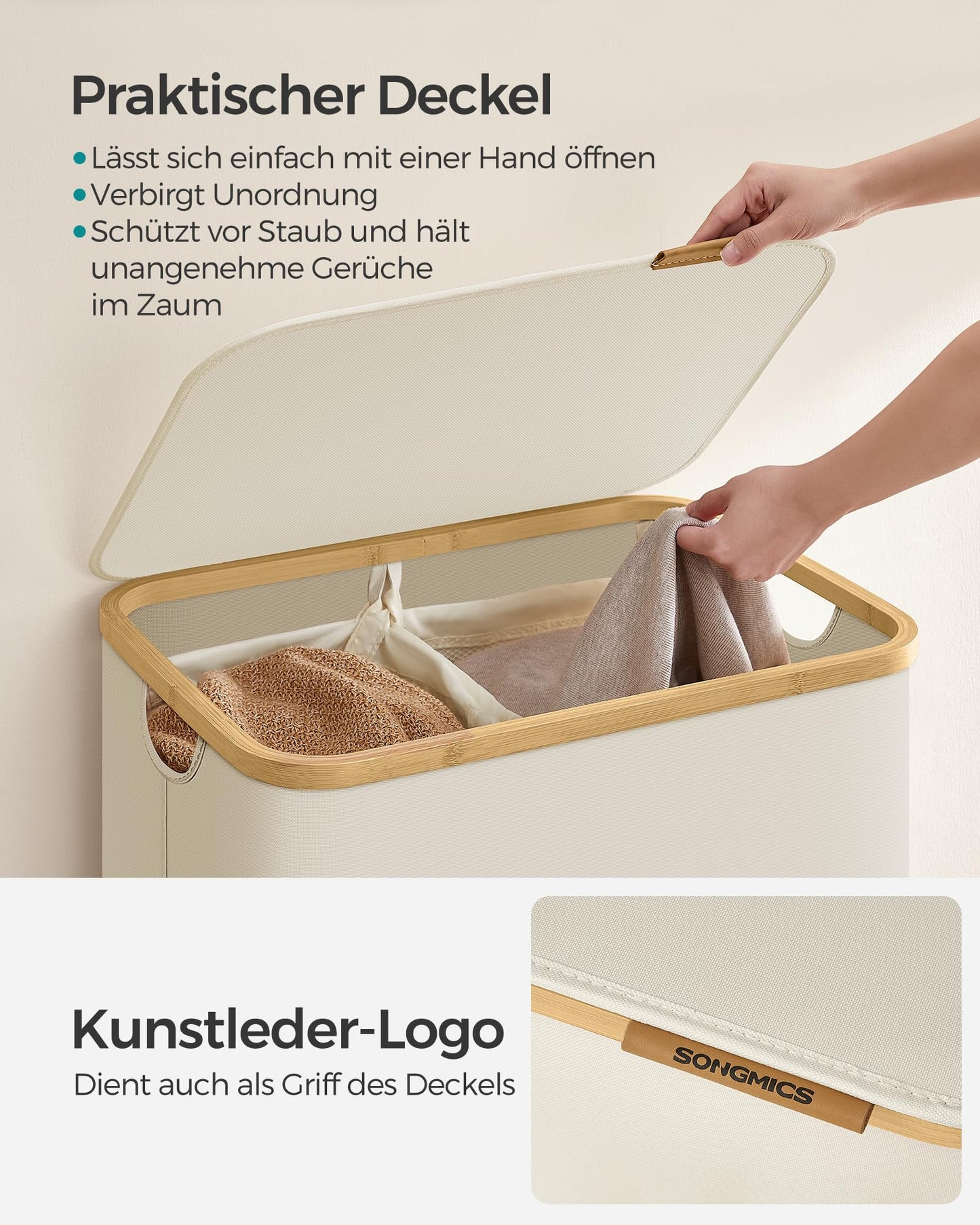 SONGMICS Laundry Basket with Lid, Laundry Hamper with 2 Compartments, 130L, Removable Laundry Bag, Oxford Fabric, Bamboo Handles, Foldable, 52 x 38.5 x 70.5 cm, Cream White LCB513W01 - LCB513W01V1