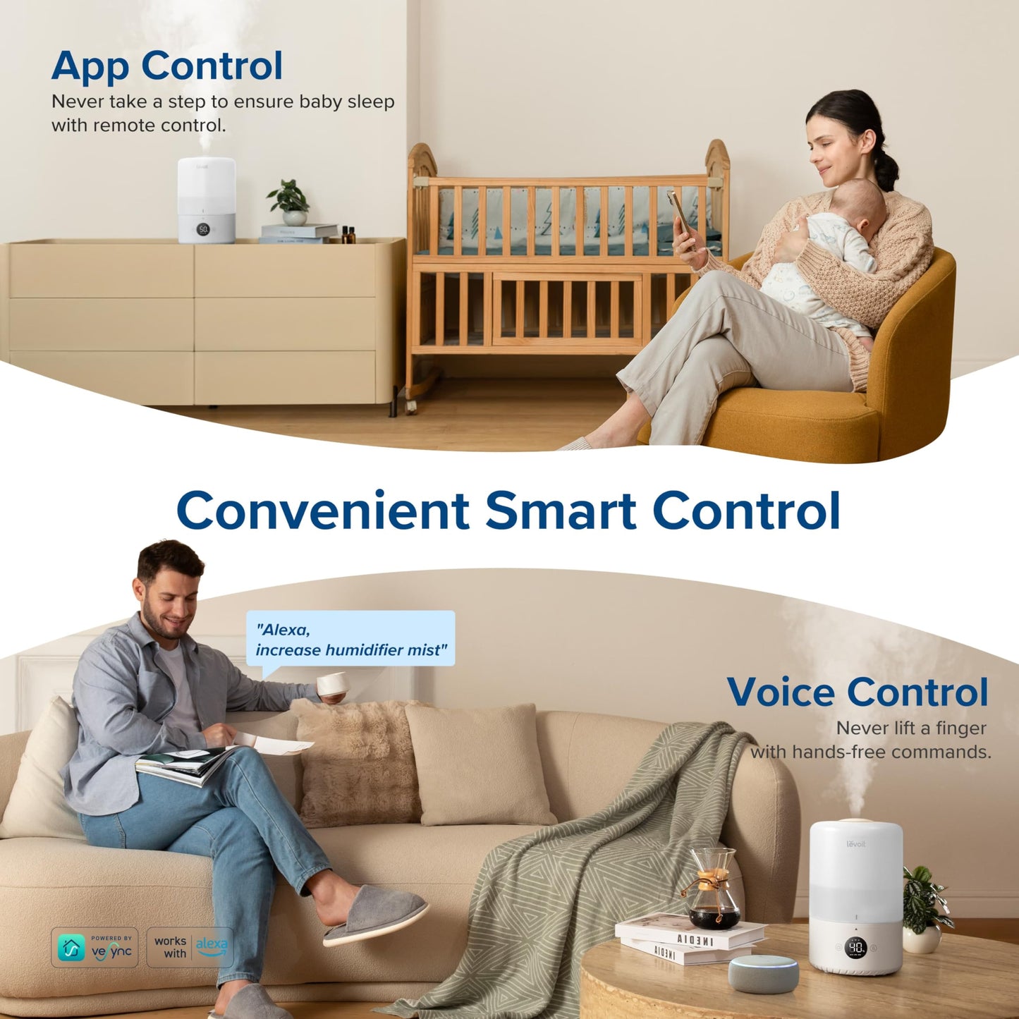 LEVOIT 3L 19dB lesie Top Fill Humidifier, 360° Rotating Nozzle Cool Mist Humidifier, 25H, Room Humidifier & Aroma Diffuser for Children's Room Bedroom Plants, Automatic Shut-Off, White - LUH-D301S-WUS