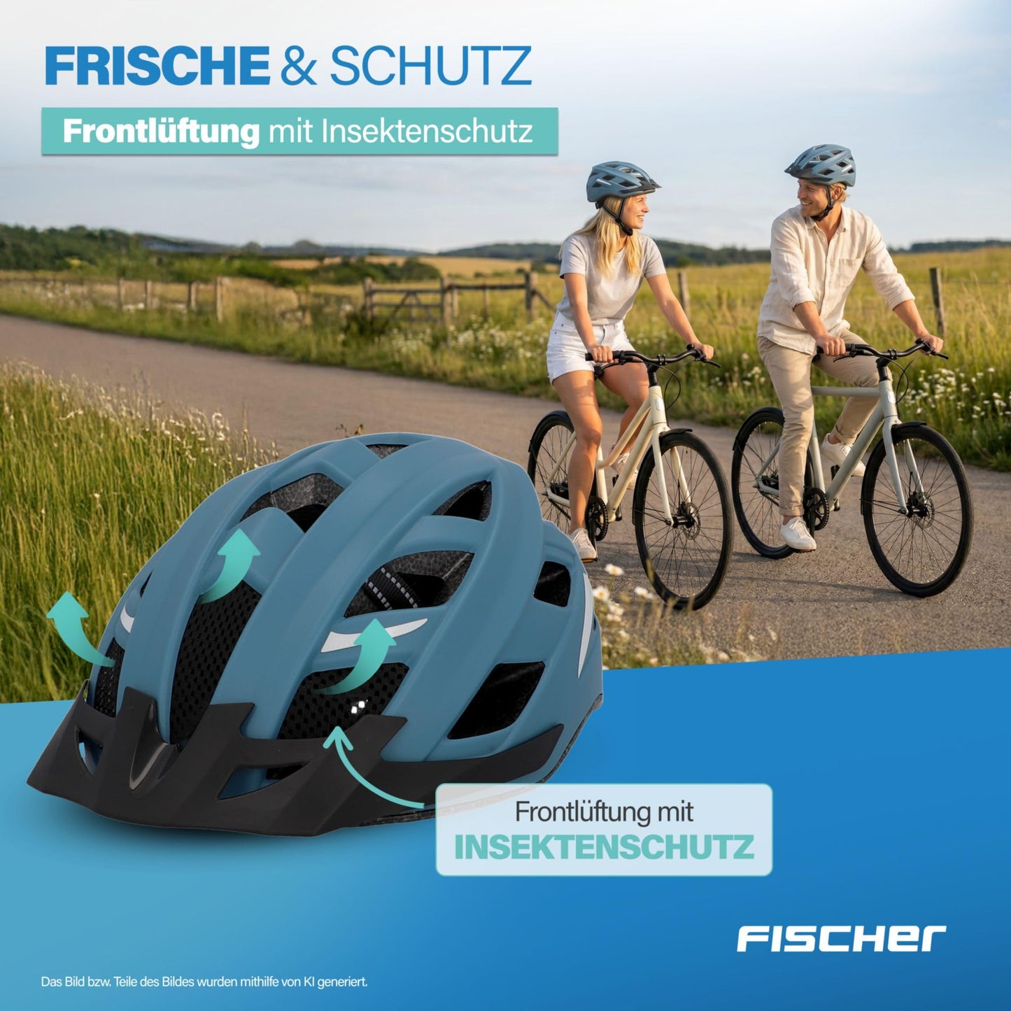 FISCHER adult bicycle helmet, city helmet Urban Plus Chicago, S/M, 52-59 cm, blue, with integrated LED rear light - 50633