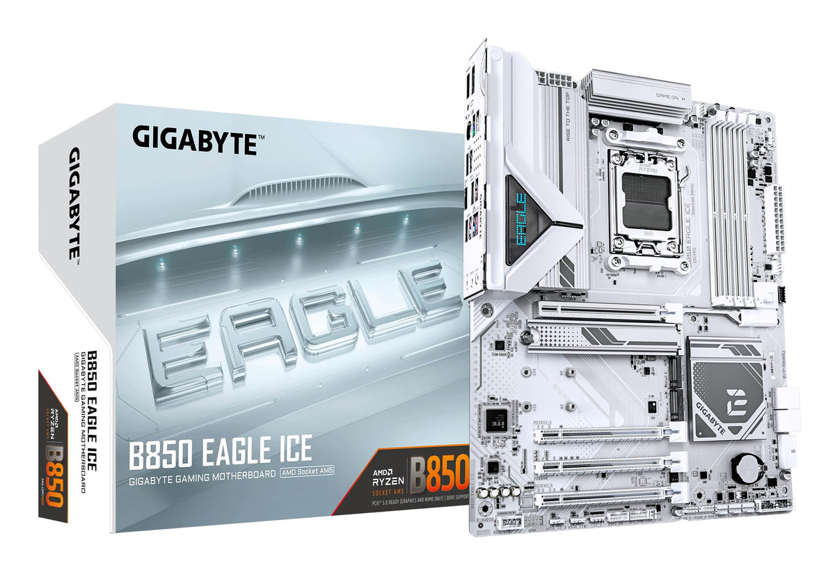 GIGABYTE B850 Eagle Ice Placă de bază – procesoare AMD Ryzen din seria 9000, VRM digital 8+2+2 faze, până la 8200 MHz DDR5 (O.C), 1 x PCIe 5.0 M.2 + 2 x PCIe 4.0 M.2, LAN 2.5 GbE, USB 3.2 Gen 2