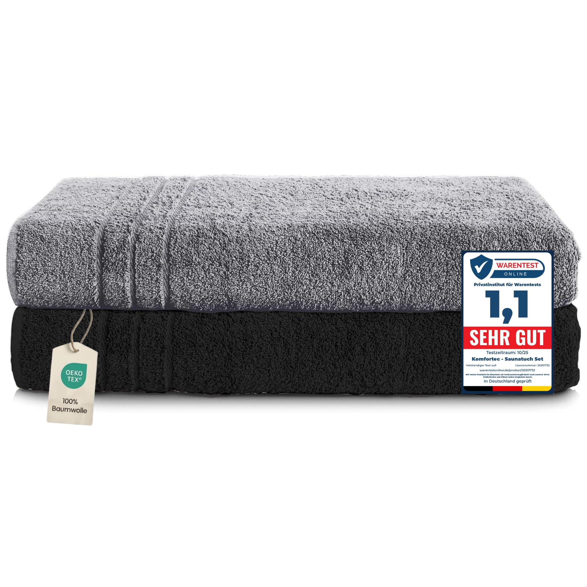 Komfortec set 2 prosoape de saună 80x200 cm, prosoape de saună mari din bumbac 100%, prosoape de saună pufoase și absorbante, cu uscare rapidă, gri antracit/negru - 2buc-80x200-antracit-negru