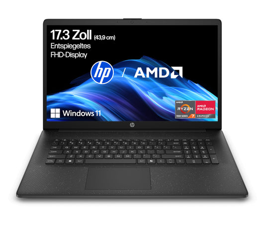 HP laptop with 17.3" FHD display, AMD Ryzen 7 7730U, 16 GB DDR4 RAM, 512 GB SSD, AMD Radeon graphics, Windows 11, QWERTZ, black incl. 25 GB Dropbox storage for 12 months - BZ8R8EA#ABD