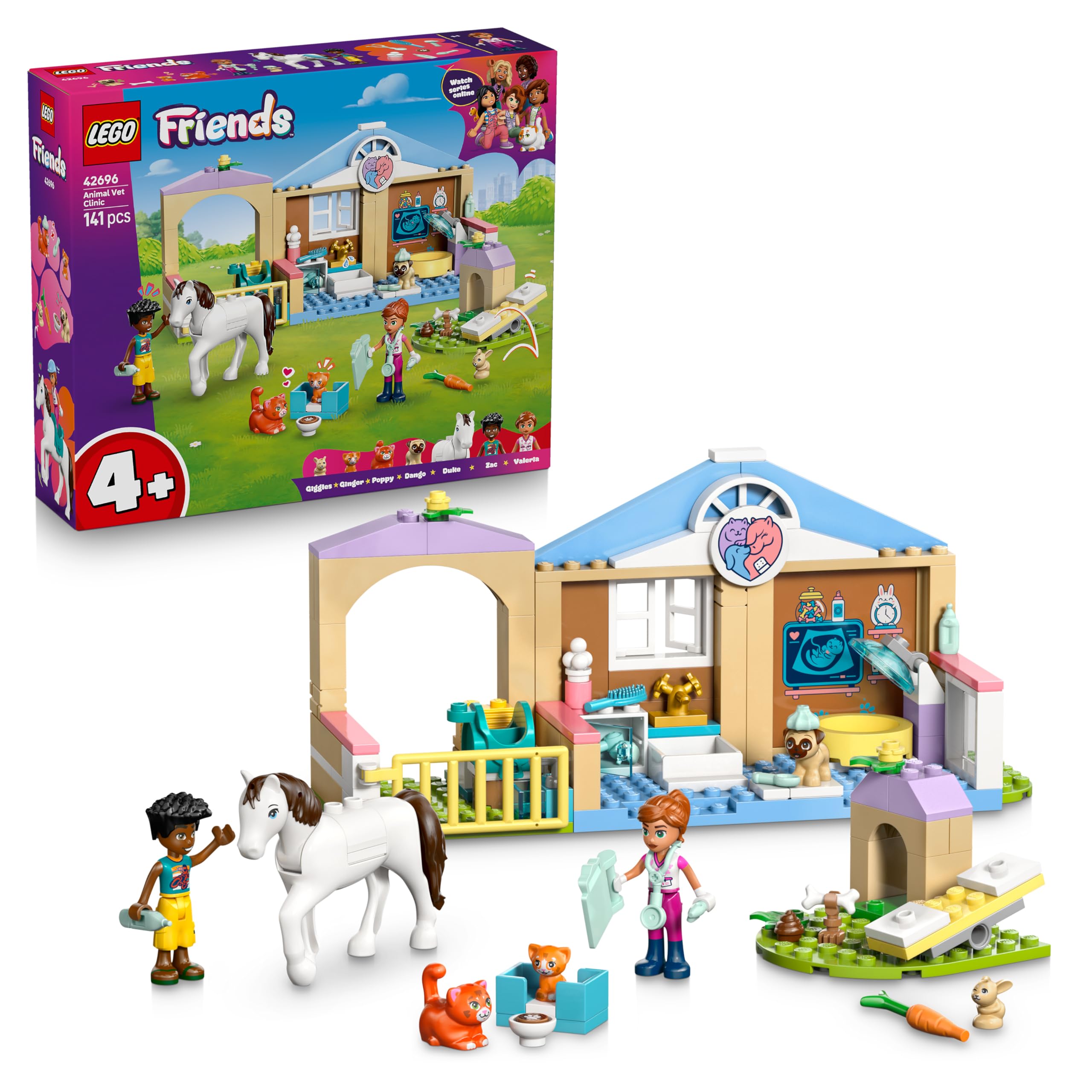 LEGO Friends Animal Clinic - educational toy with horse stable, 2 mini dolls, dog, rabbit & cat figure plus accessories - birthday gift for girls aged 4 and over - 42696