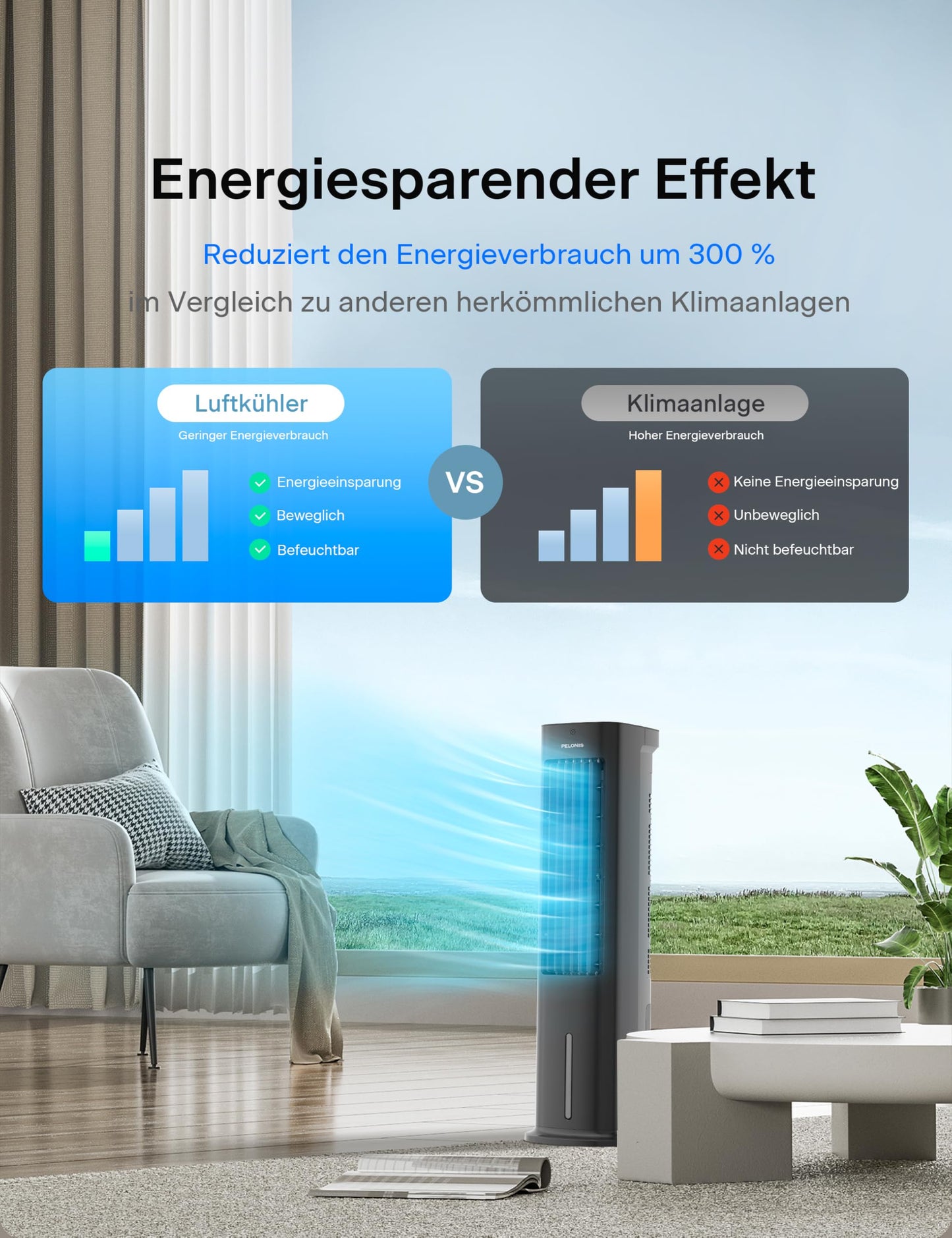 PELONIS 5L Evaporative Cooler with Remote Control, 3-in-1 Portable Air Cooler, Fan, Humidifier & Automatic Oscillation, 3 Level Timer 7H, 2 Cooling Pads for Home and Office - PE-AC100-20AR-DE