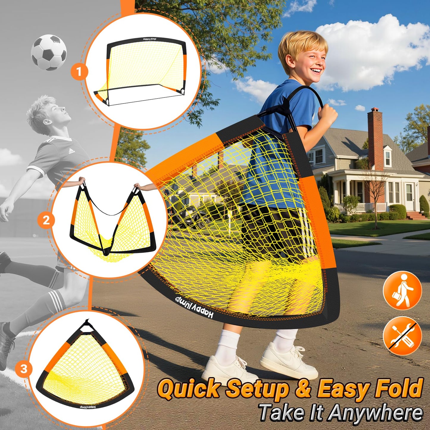 Happy Jump Pop-Up Football Goals - 213x152 cm, 2 goals, black orange with ball, pump, cone & target | Complete training set for garden & family - Z2500600BQ1