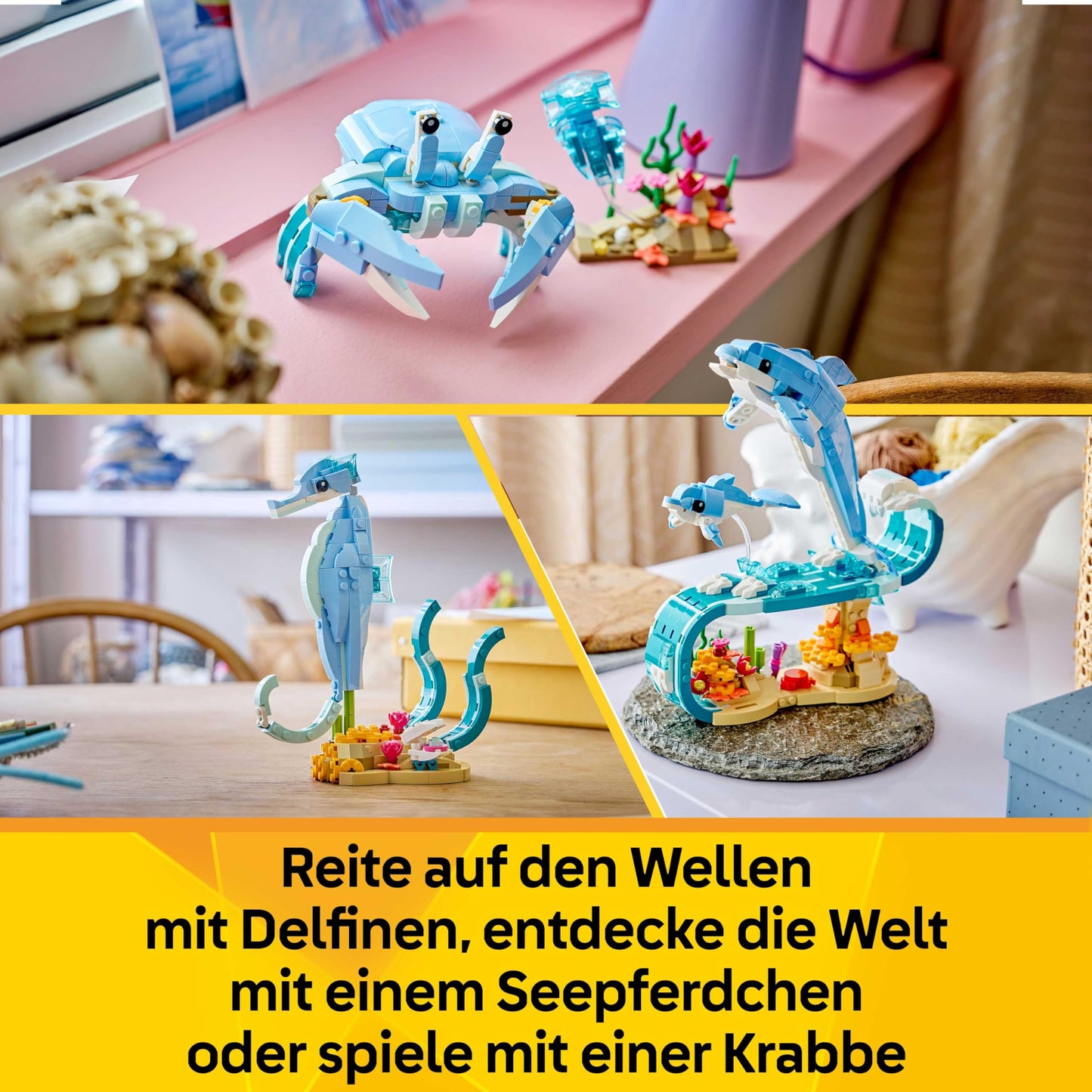 LEGO Creator 3-in-1 Sea Creatures Set: Beautiful Dolphins - Animal Figures - Set with 3 Options: Dolphins, Seahorses & Crab - Toys for Ages 9+ - Gift for Girls & Boys - 31385