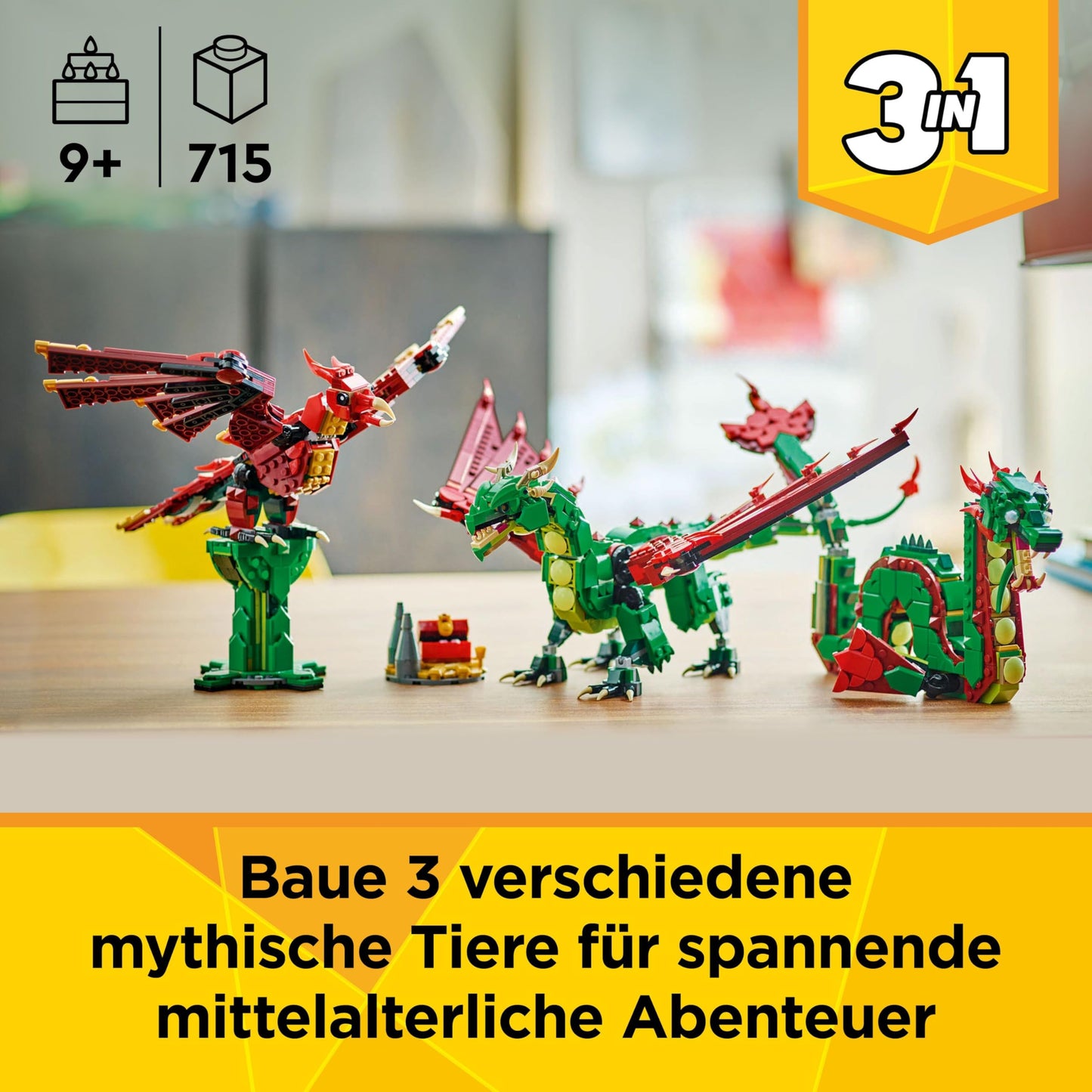 LEGO Creator 3in1 Green Dragon - Toy - Convertible into toy sea snake or phoenix figure - Building toy with animals for children - Birthday gift for boys and girls aged 9 and up 31161