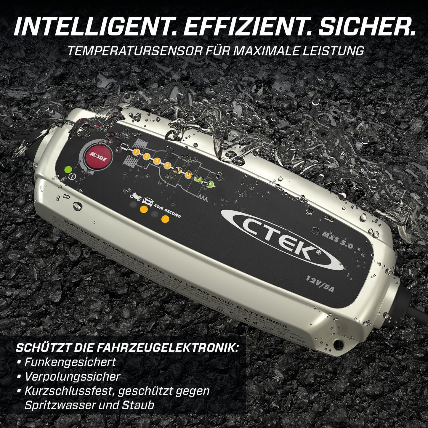 CTEK MXS 5.0, battery charger 12V, temperature compensation, intelligent car battery charger, car and motorcycle charger, battery maintainer with reconditioning mode and AGM option