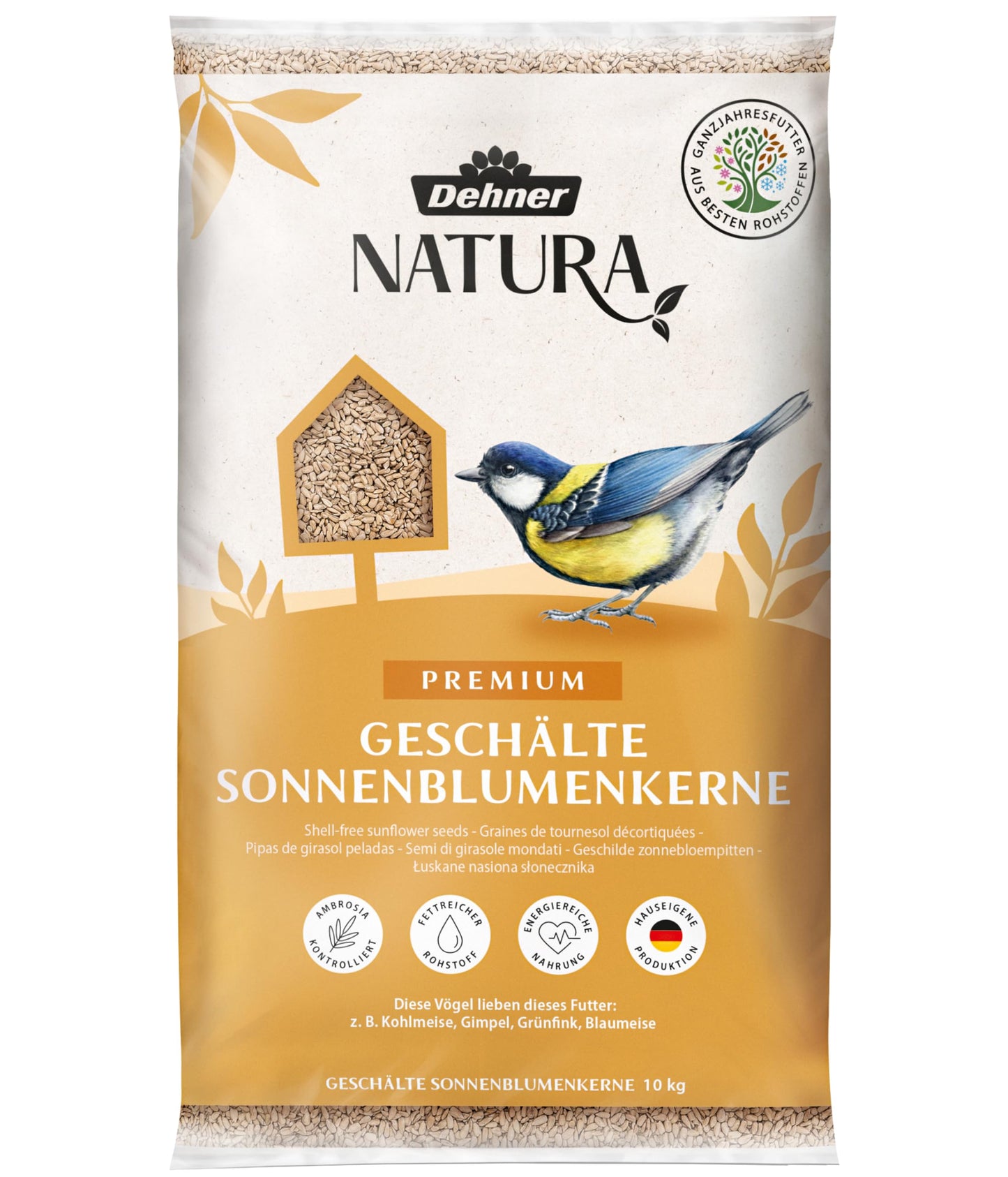 Dehner Natura Premium wild bird food, sunflower seeds shell-free, all-season food rich in protein / high in energy, high-quality bird food for wild birds, 10 kg - 5248349