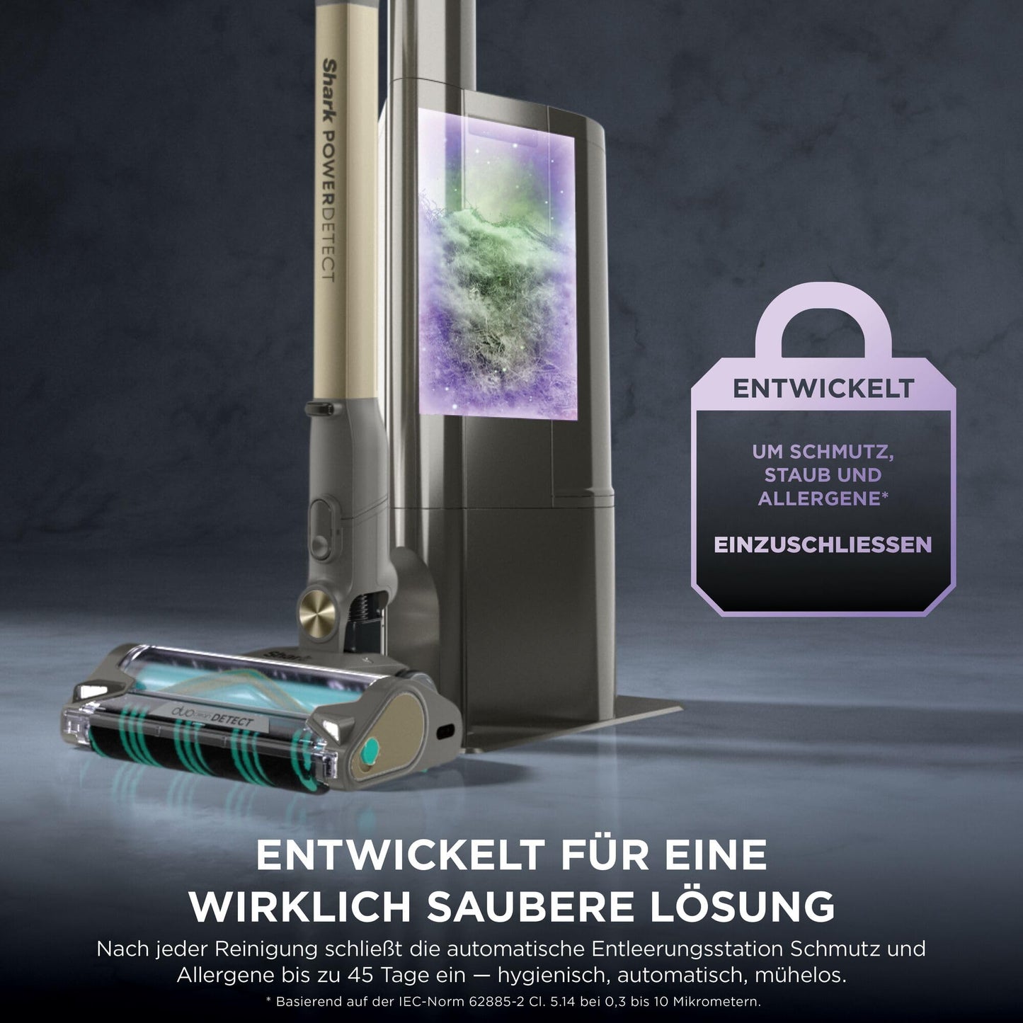 Shark PowerDetect Clean & Empty cordless vacuum cleaner with suction station, up to 70 minutes running time, wireless, self-draining, for animal hair, allergy sufferers, carpets and hard floors, with LED light, gold, IP3253EUT
