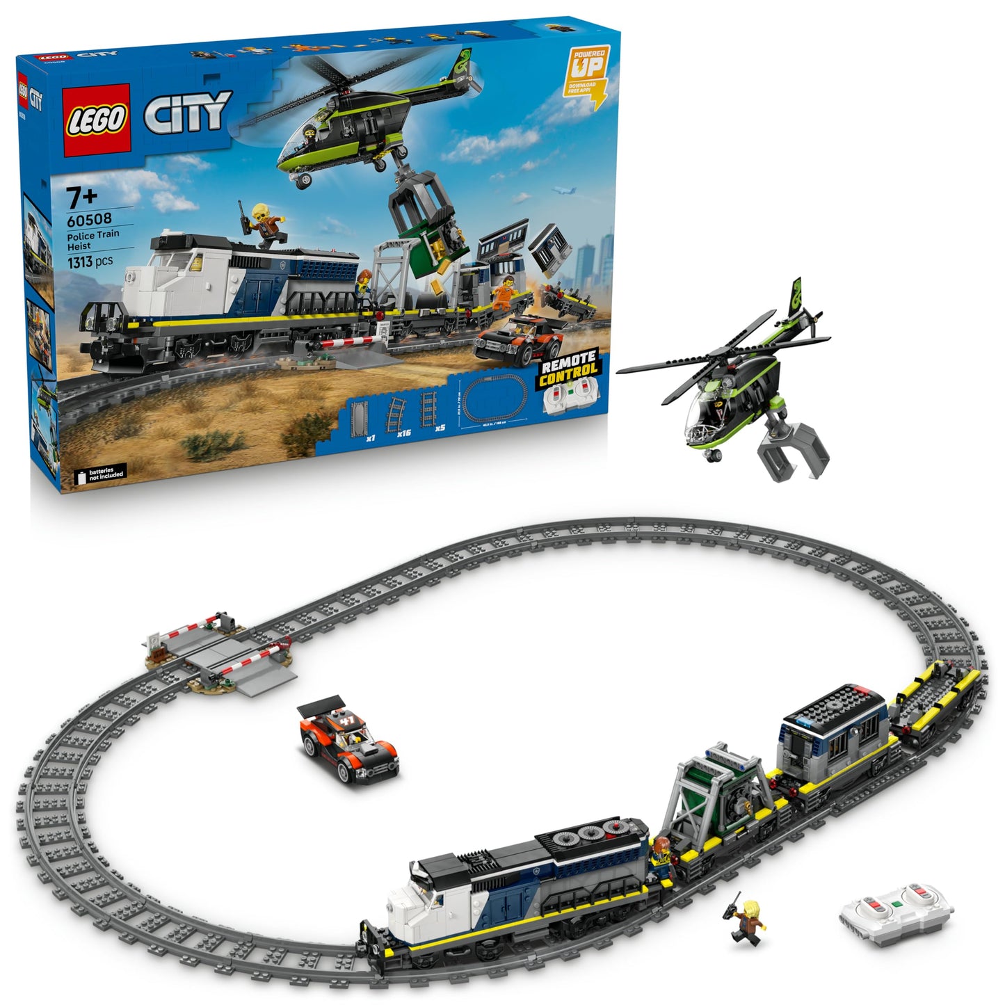 LEGO City Raid on the Police Train - Remote Controlled Toy Train - Model Building with Circular Track, Helicopter, Rally Car and 6 Minifigures - Gift for Boys Ages 7 and Up - 60508
