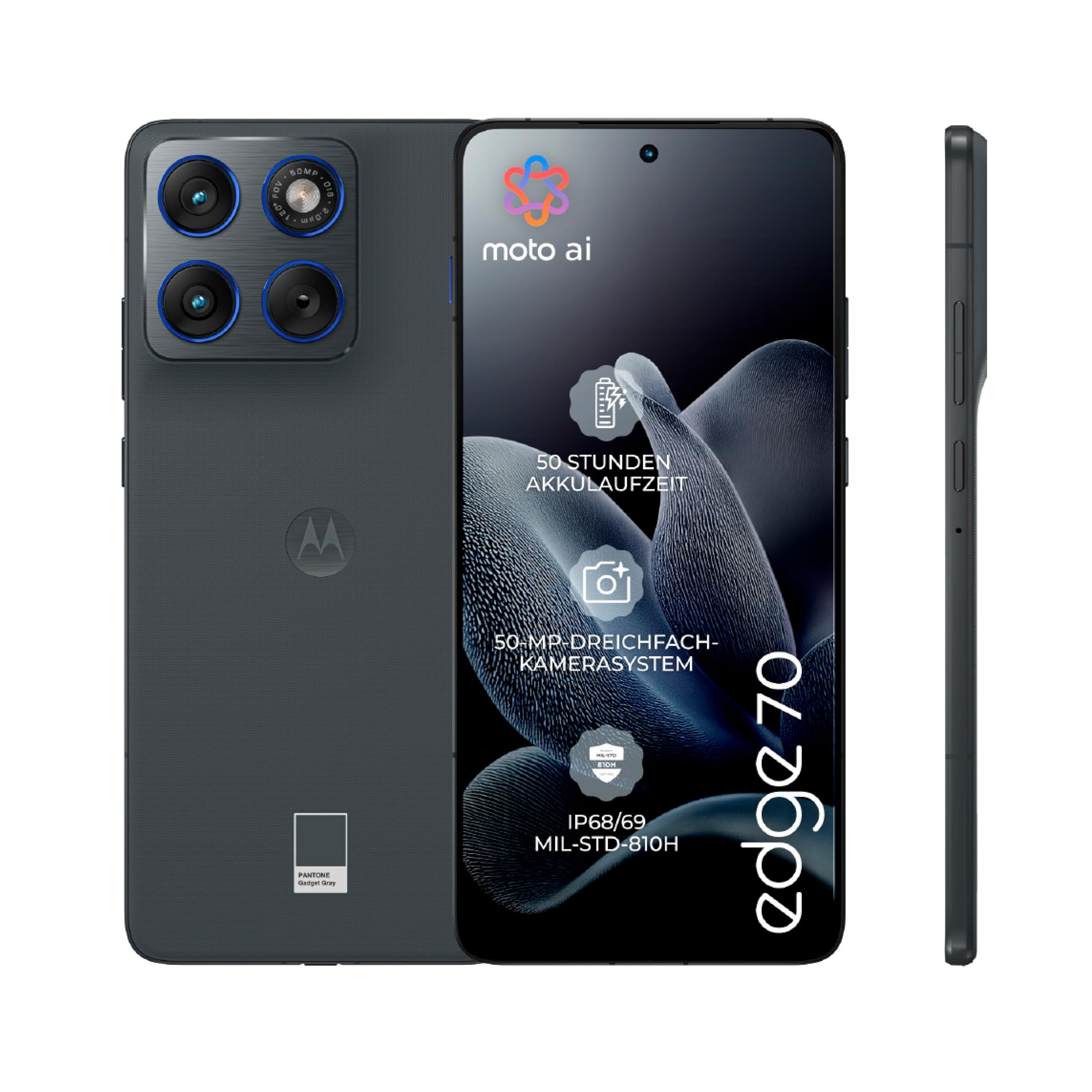 Motorola Edge 70 smartphone (rugged 6.67" pOLED display with Gorilla Glass 7i, 50 MP camera, 12-512 GB, water and heat resistant, 68W TurboPower charging), Pantone Gadget Gray, incl. magnetic cover - motorola