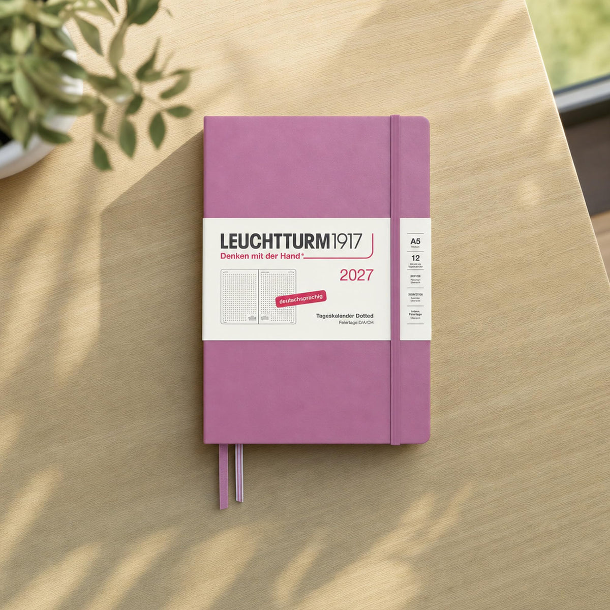 LEUCHTTURM1917 Daily Calendar 2027 Dotted Medium (A5) - German, Dusty Rose, 145 x 210 mm, January-December (12 months), 1 page per day, hourly grid 7:00-22:00, hardcover, 80 g/m² paper - 400167
