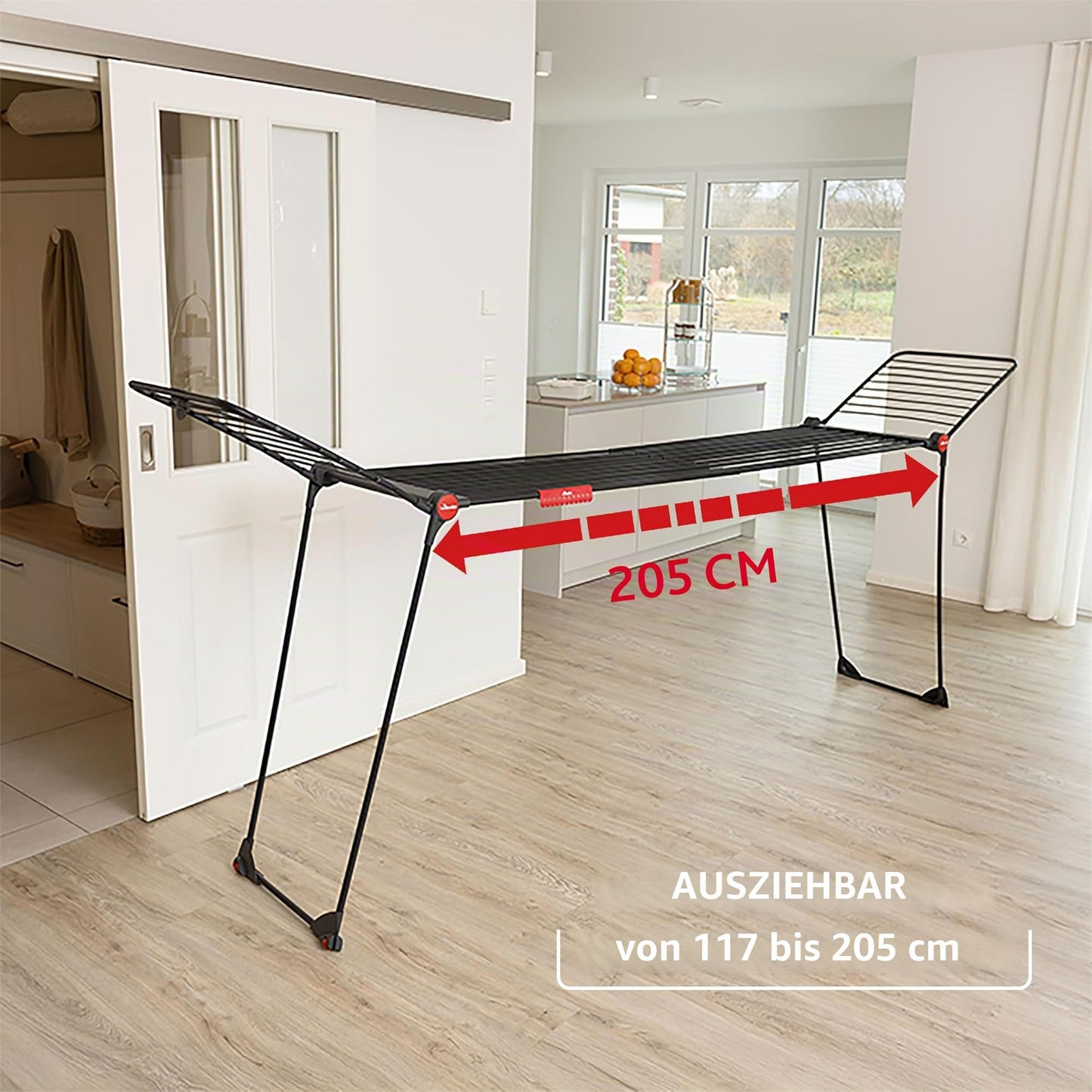 Vileda Infinity Flex Ultimate Drying Rack Black Edition | Extendable black telescopic frame, XXL drying rods | Foldable & pre-assembled - fewer marks for large textiles | Comfort pack - 178871