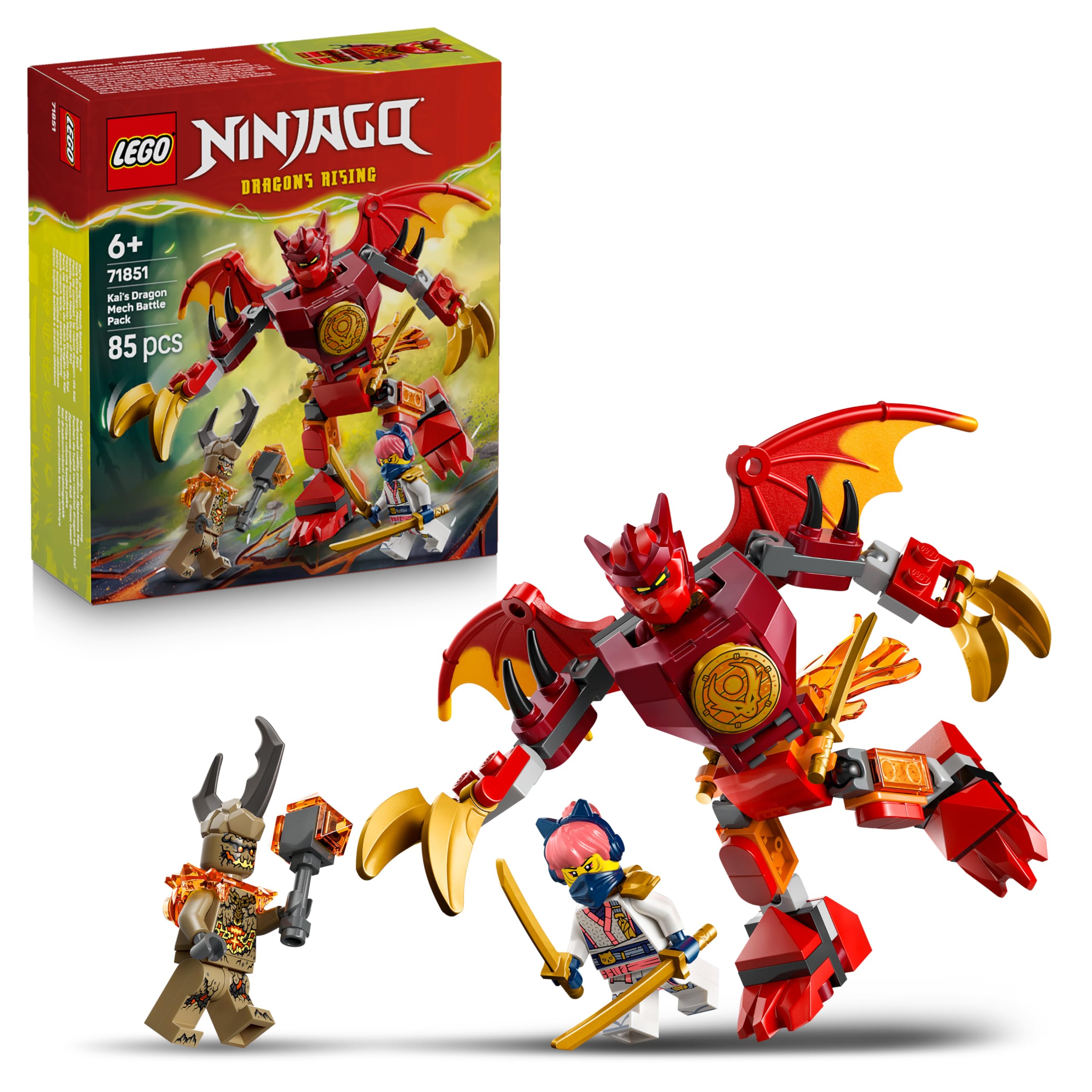 LEGO NINJAGO Kai's Dragon Mech Battle Set - Ninja toy for boys and girls - model building with action figure, 3 minifigures and katanas - gift for children aged 6 and over - 71851