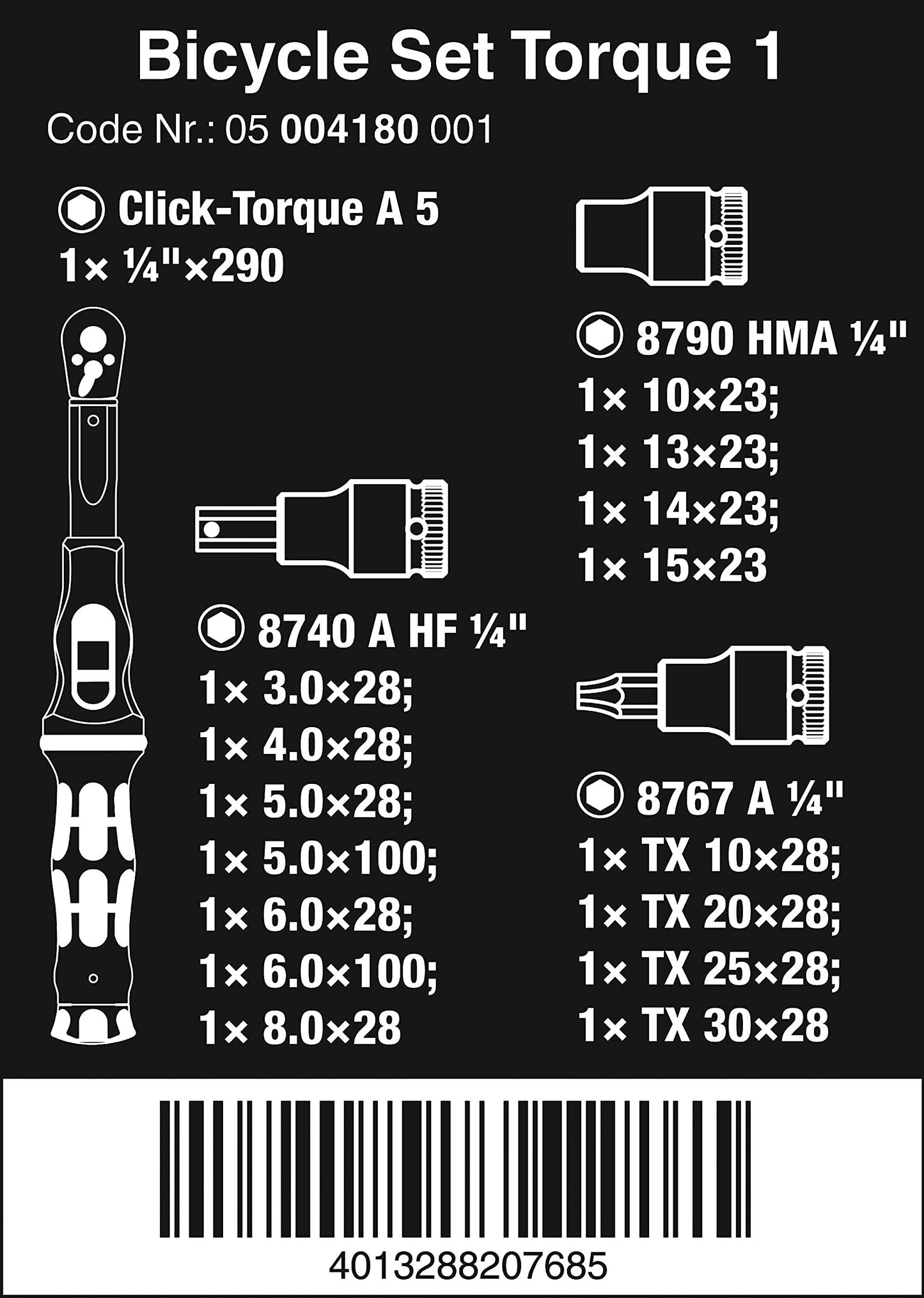 Wera 05004180001 Bicycle Set Torque 1, bicycle torque wrench set, 2.5-25 Nm, 16 pieces