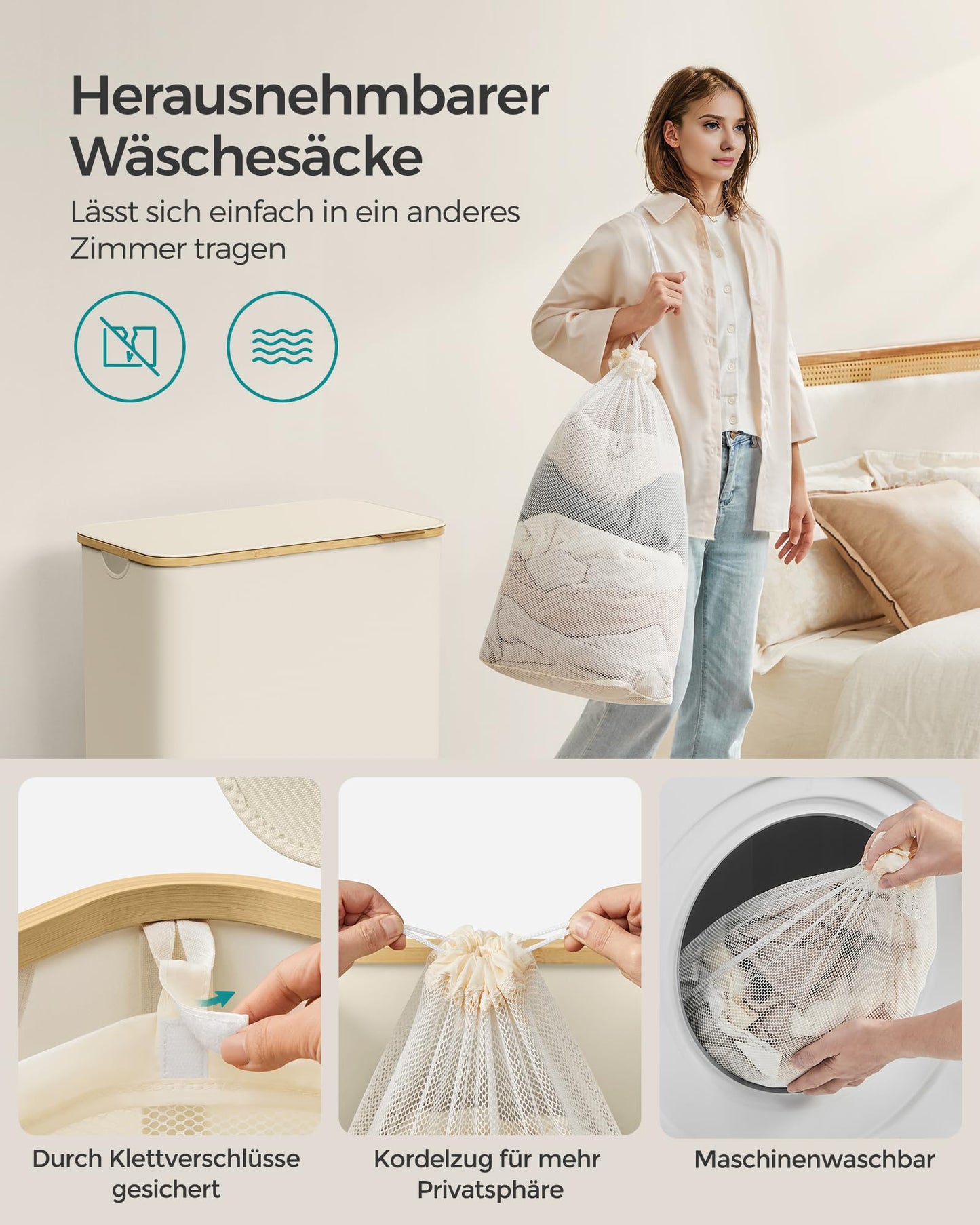 SONGMICS Laundry Basket with Lid, Laundry Hamper with 3 Compartments, 150L, Removable Laundry Bag, Oxford Fabric, Bamboo Handles, Foldable, 60 x 38.5 x 70.5 cm, Cream White LCB515W01 - PCT611W01