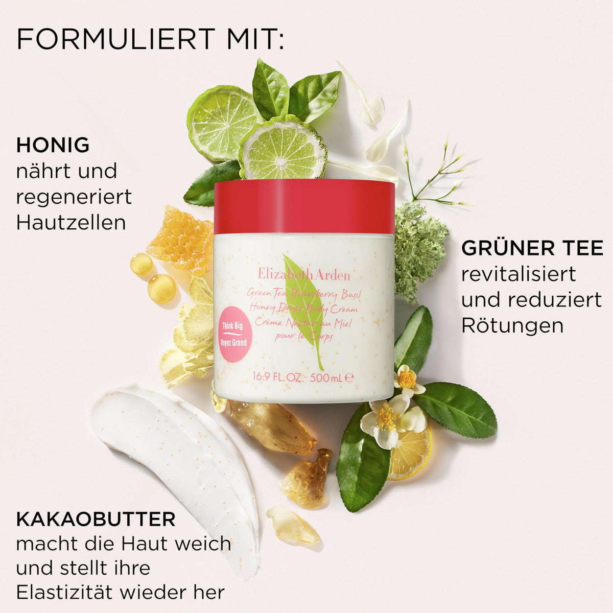Elizabeth Arden – Green Tea Strawberry Basil Honey Drops Cremă de corp, cremă hidratantă pentru corp cu Green Tea, căpșuni, busuioc, miere și unt de cacao, îngrijire catifelată pentru toate tipurile de piele. - A0139650
