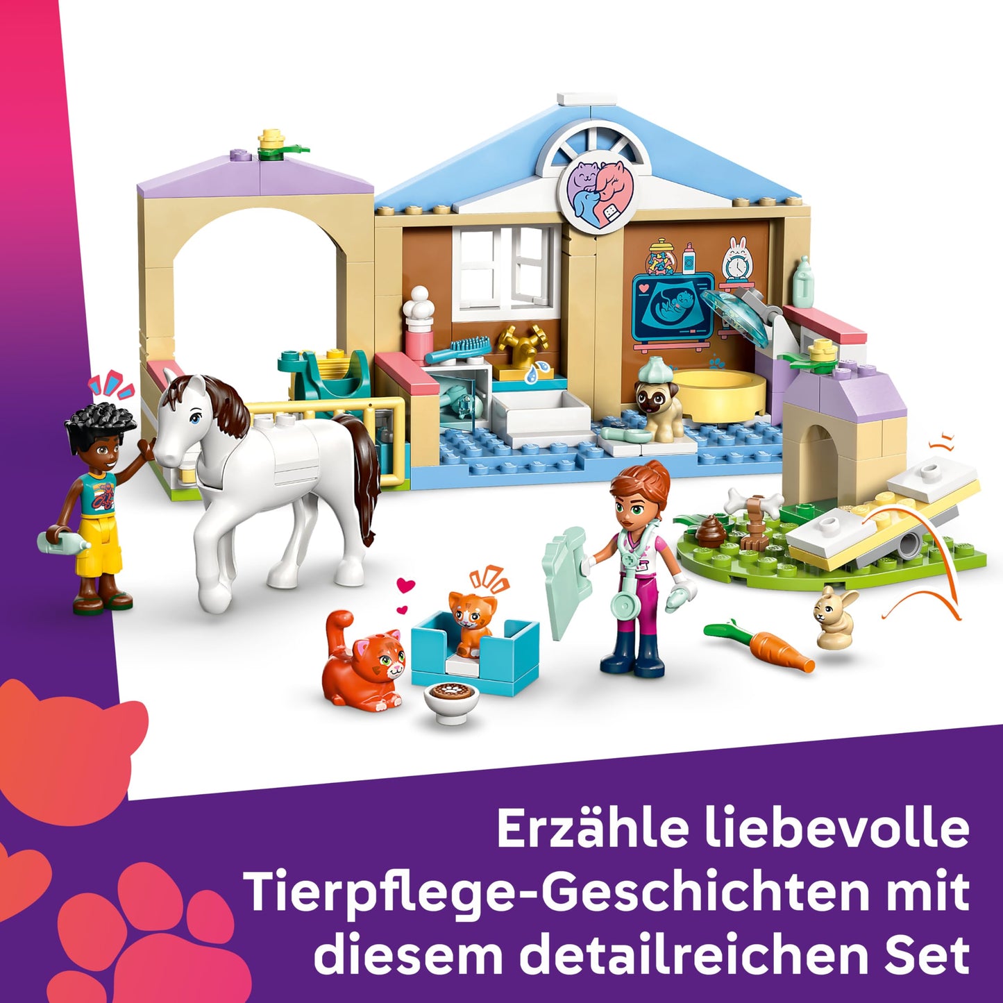 LEGO Friends Animal Clinic - educational toy with horse stable, 2 mini dolls, dog, rabbit & cat figure plus accessories - birthday gift for girls aged 4 and over - 42696