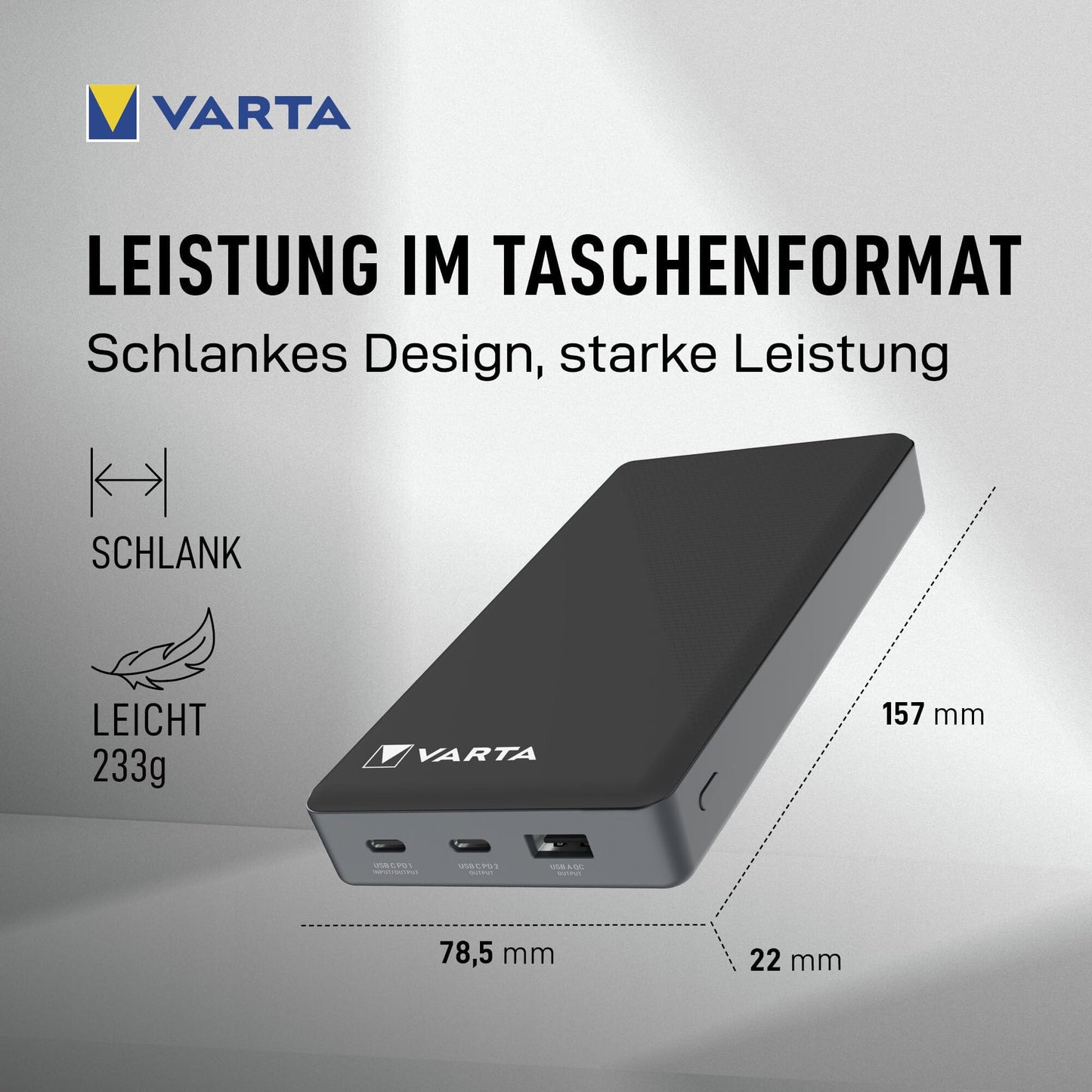 VARTA Power Bank 20000mAh, power bank Power on Demand with 3 ports (1x USB A, 2x USB C), compatible with tablets & smartphones, in environmentally friendly packaging
