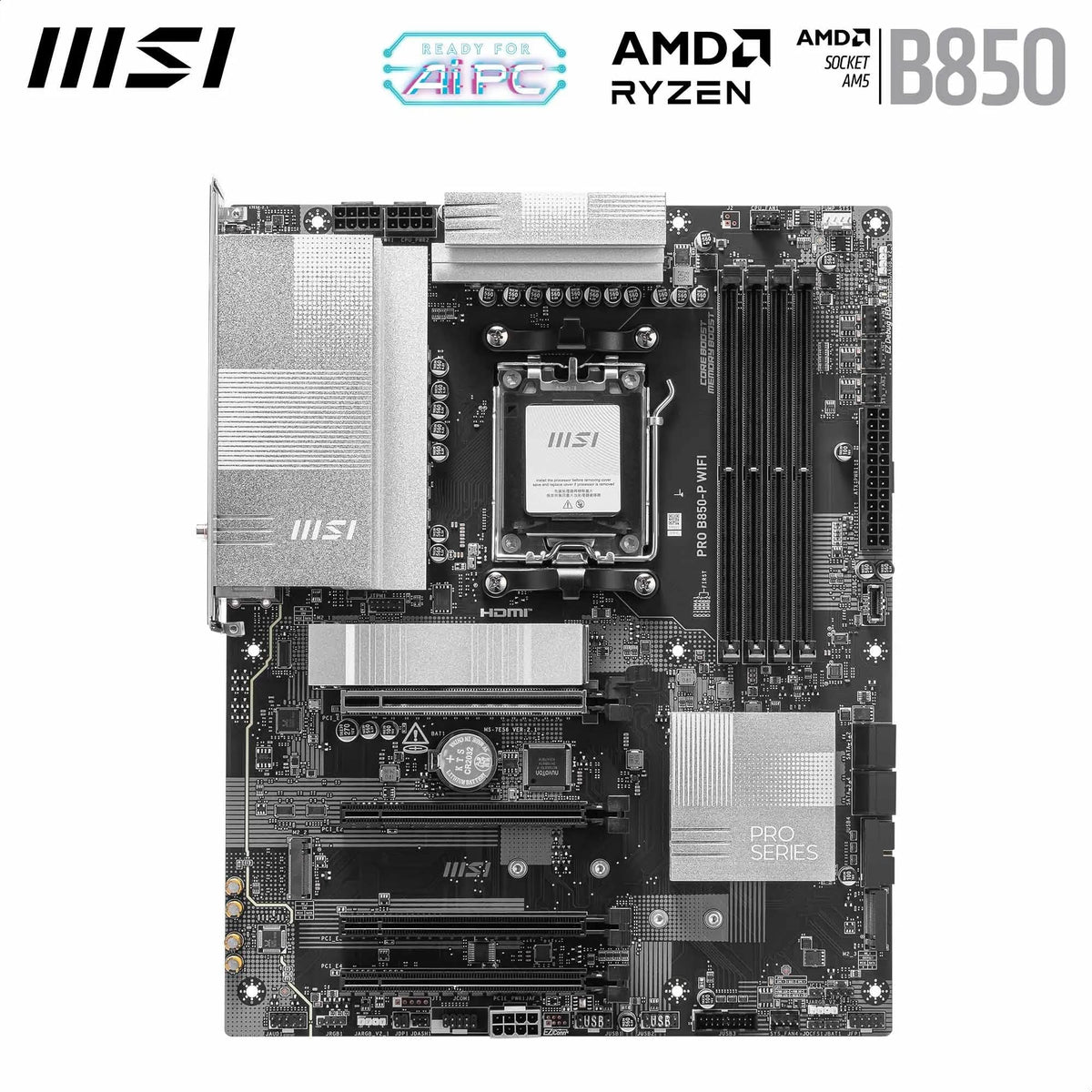 MSI PRO B850-P WiFi Placă de bază, ATX - Suportă procesoare AMD Ryzen 9000/8000/7000, AM5 - Memorie DDR5 Boost (8200+ MT/s OC), PCIe 5.0 x16 și 4.0 x16, M.2 Gen5, Wi-Fi 7, 5G LAN - 7E56-002R
