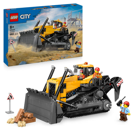 LEGO City Yellow Bulldozer Set - toy construction site, construction and play set - realistic construction machine with driver and 2 construction workers - gift idea for children aged 8 and over - 60466