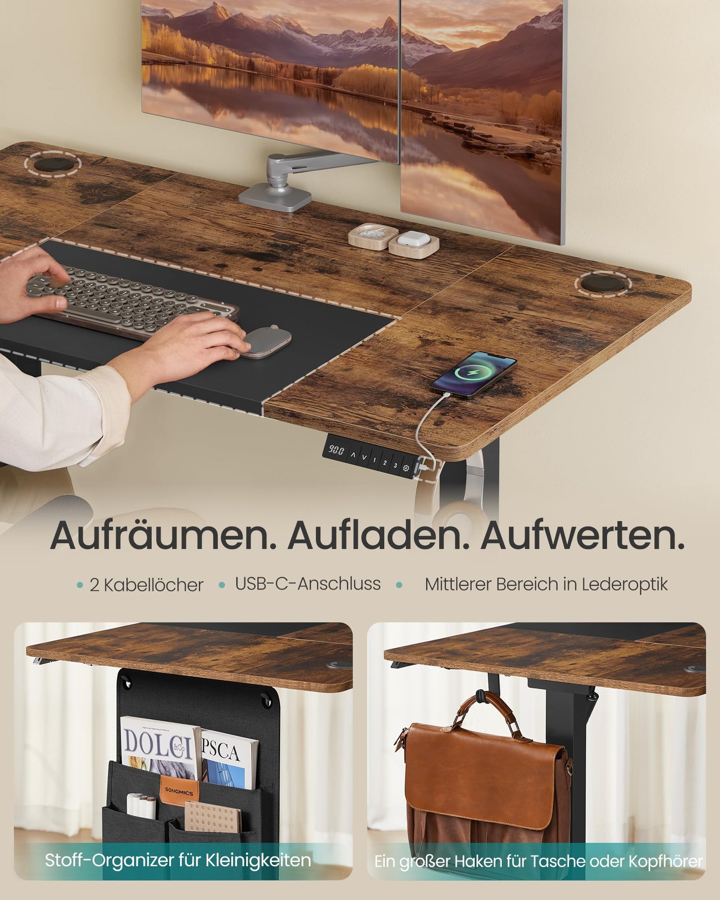 SONGMICS Electric height-adjustable desk, 120 x 60 cm, infinitely adjustable, memory function with 4 heights, vintage brown-ink black LSD015X01 - VA-LSD015X01