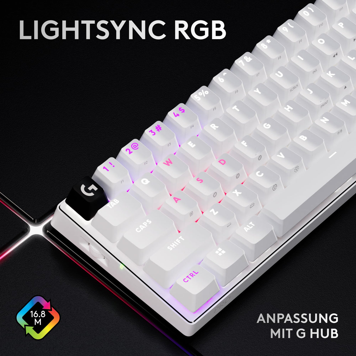 Logitech G PRO X 60 Lightspeed tastatur de gaming fără fir, tastatură mecanică ultra-compactă 60%-TKL, LIGHTSYNC RGB, capace de taste Doubleshot-PBT, tactile optice, Windows PC, QWERTZ DE - Alb - 920-011924