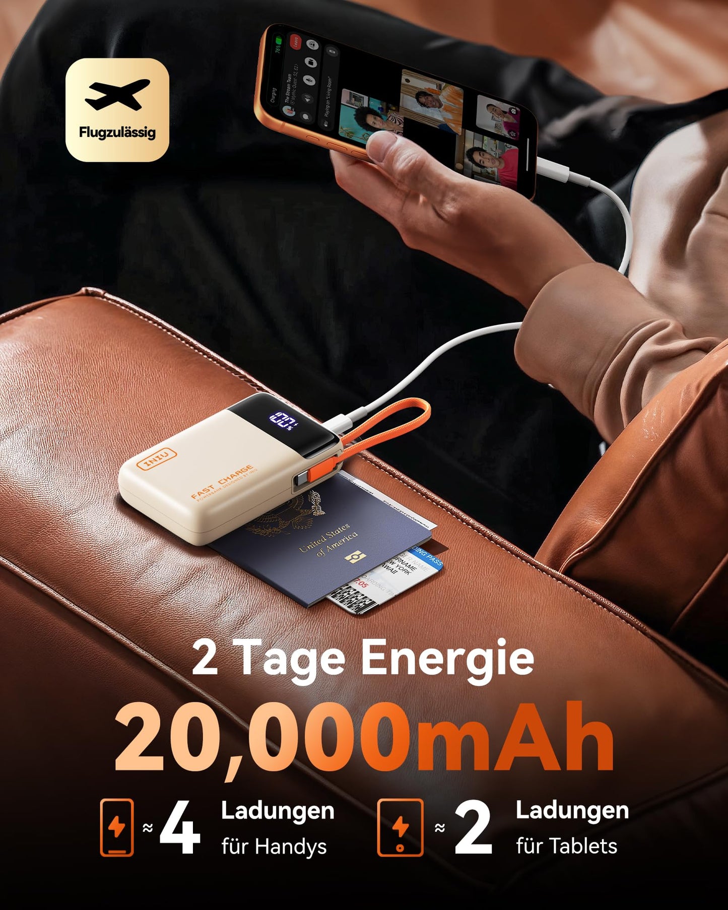 INIU 45W Power Bank, Ultra Small 20000mAh Power Bank with Integrated USB C Cable, Fast Charging External Mobile Phone Batteries, Suitable for Flight, Travel Essential for Emergencies, Power Outages, iPhone 17 16, Beige - P51L