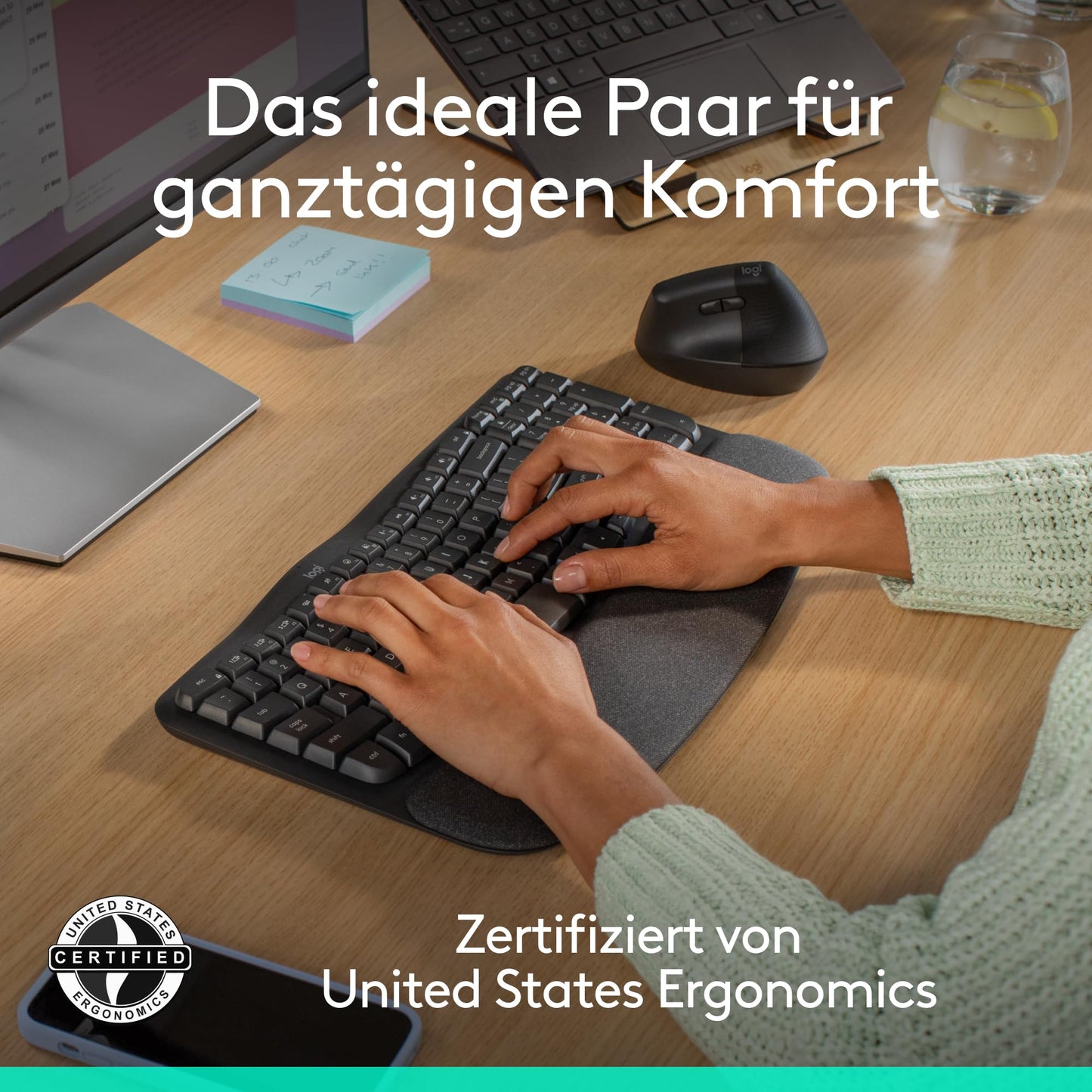 Logitech Wave Keys and Lift Vertical Mouse - Ergonomic Bundle - Wireless Keyboard with Padded Wrist Rest and Vertical Wireless Mouse - Bluetooth, Multi-OS, Windows/Mac - Graphite - 910-006473