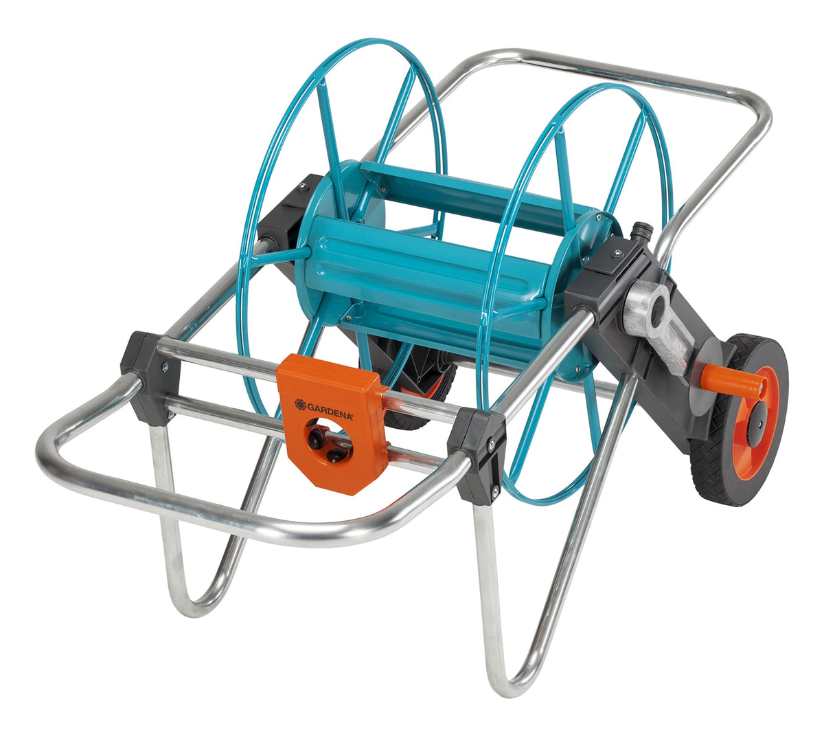 Gardena Metal Hose Cart 100: Sturdy, coated hose reel, angled hose connection, drip stop, Max. 100 m 1/2 inch, 80 m 5/8 inch, 50 m 3/4 inch, 25 m 1 inch (2674-20) - 2674-U