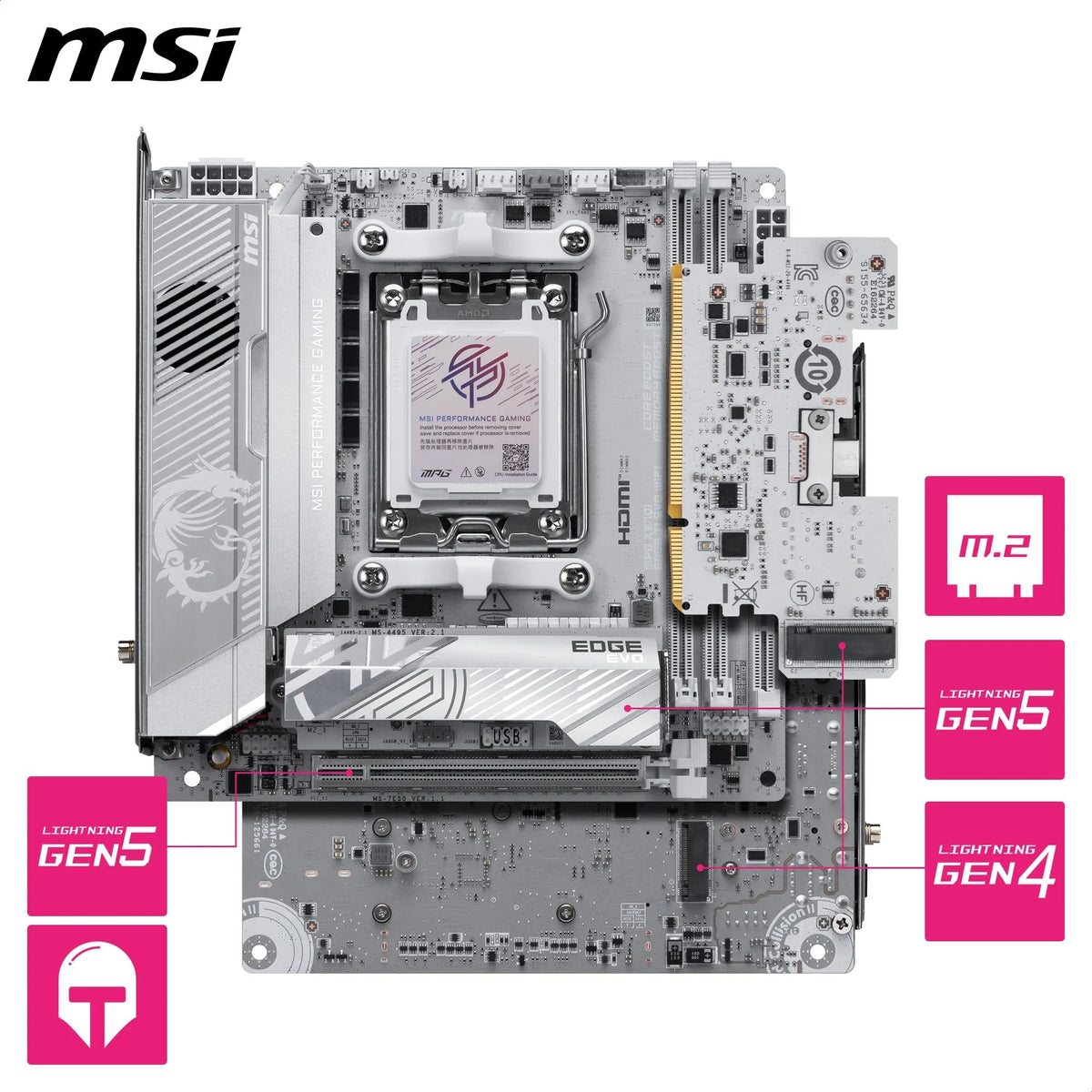 MSI MPG X870I Edge TI EVO WiFi Placă de bază, ATX - Suportă procesoare AMD Ryzen 9000/8000/7000, AM5-110A SPS VRM, DDR5 Memory Boost 8200+MT/s (OC), PCIe 5.0 x16, M.2 Gen5, Wi-Fi 7, 5G LAN - 7E50-001R
