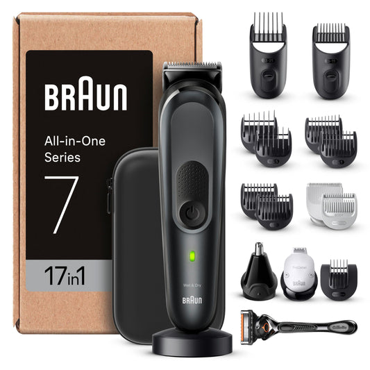 Braun All-In-One Trimmer-Set 7, 17-in-1 Multigroom, trimmer pentru barbă, trimmer pentru părul din nas, mașină de tuns pentru față, cap și corp, 100 minute autonomie, 14 lungimi (3–21 mm), rezistent la apă, MGK7491, negru