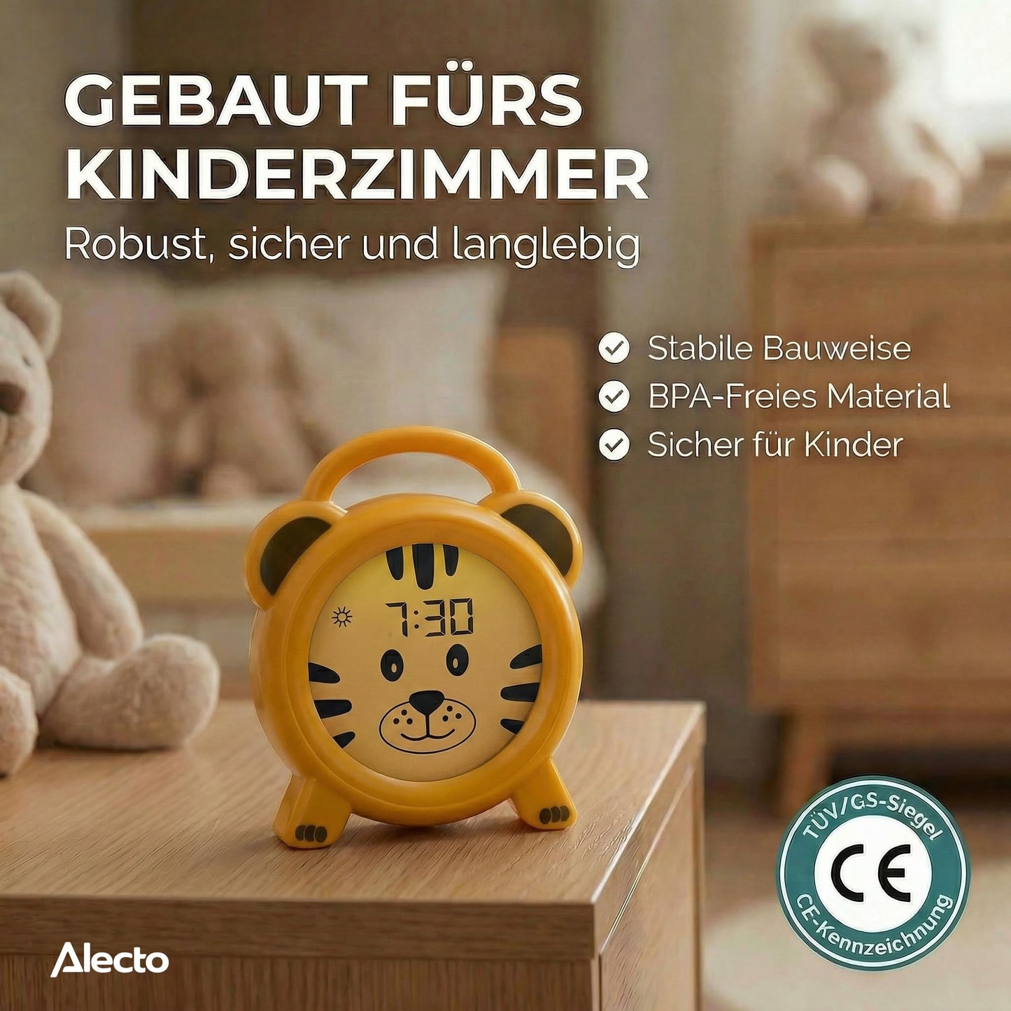 Alecto Monkey Alarm Clock Children - Children's Alarm Clock USB Rechargeable - Children's Alarm Clock with Night Light - Sleep Trainer (Yellow) - BC100TIGER