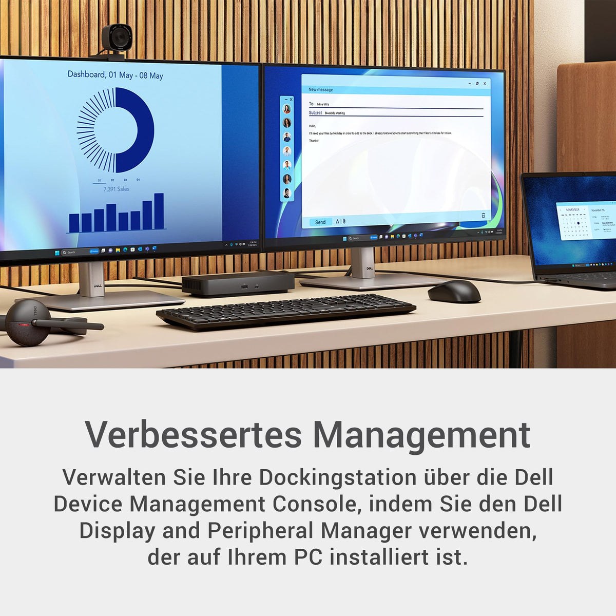 Dell Pro Dock WD25 – USB-C docking station with 100W power delivery, 4 display support, 2x DP 1.4, HDMI 2.1, 6 USB ports, 2.5GbE Ethernet, compact sustainable design.