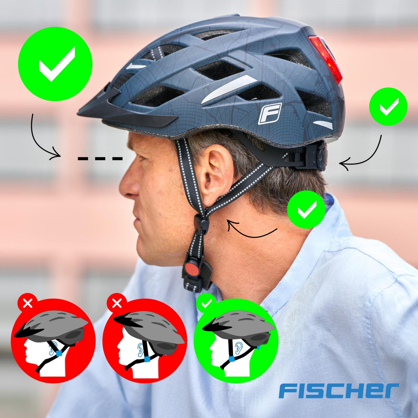 Fischer adult bicycle helmet, cycling helmet, city helmet Urban Plus NY, S/M, 52-59cm, blue, with integrated LED rear light - 50448