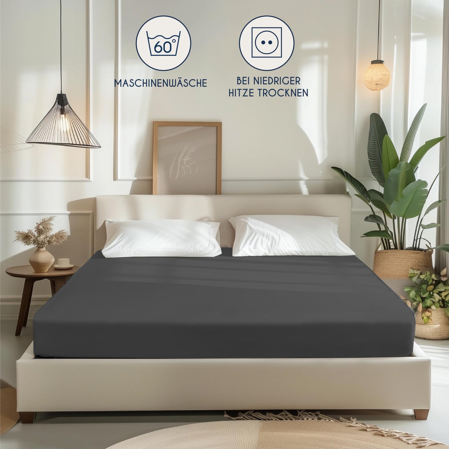 Dreamzie - fitted sheet 200x200cm - cotton Oeko Tex certified - anthracite gray - 100% jersey fitted sheet 200x200 - DHC_200x200_An_2