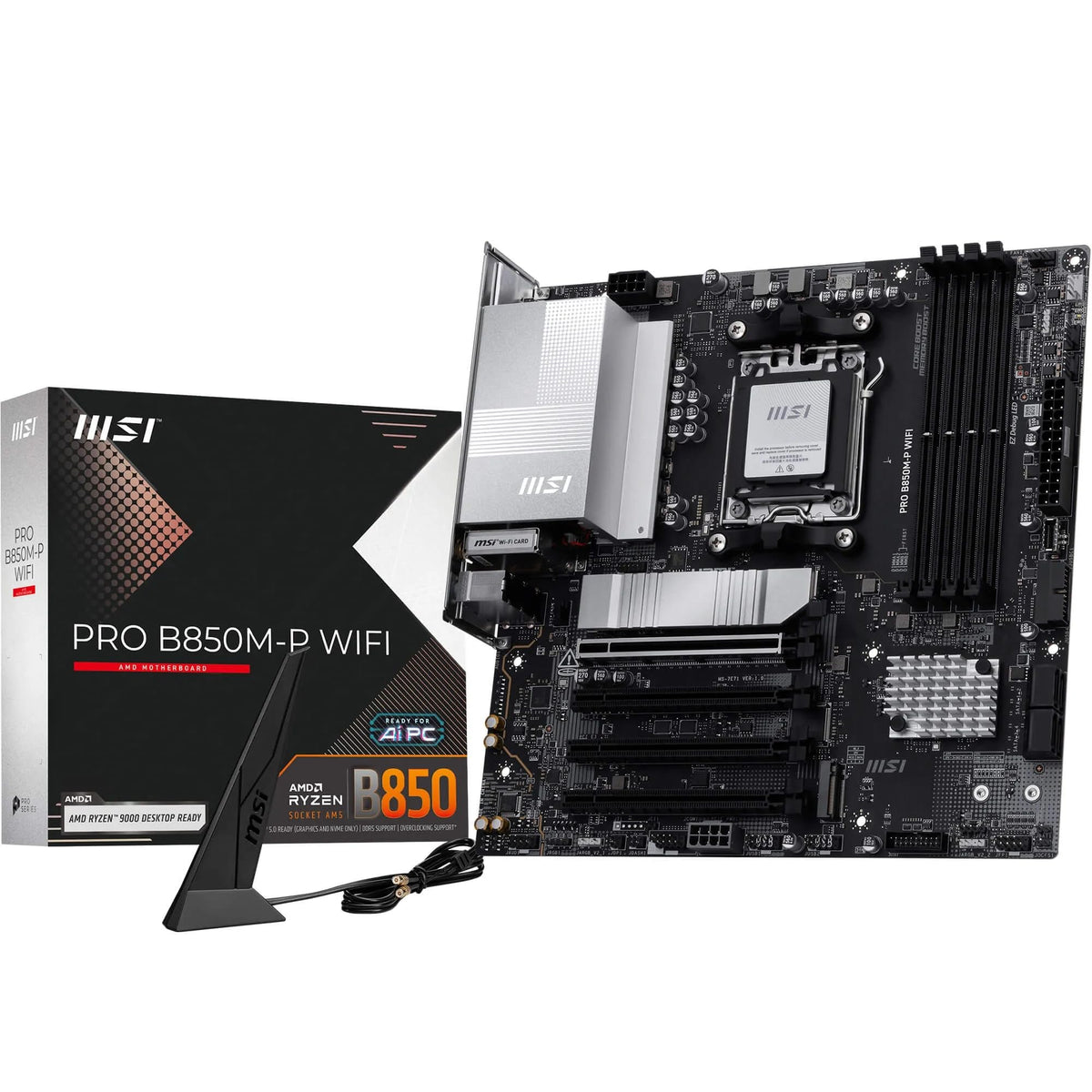 Placă de bază MSI PRO B850M-P WiFi, mATX - Suportă procesoare AMD Ryzen 9000/8000/7000, AM5 - Memorie DDR5 Boost (8200+ MT/s OC), PCIe 5.0 x16 și 4.0 x16, M.2 Gen5, Wi-Fi 7, LAN 5G - 7E71-001R