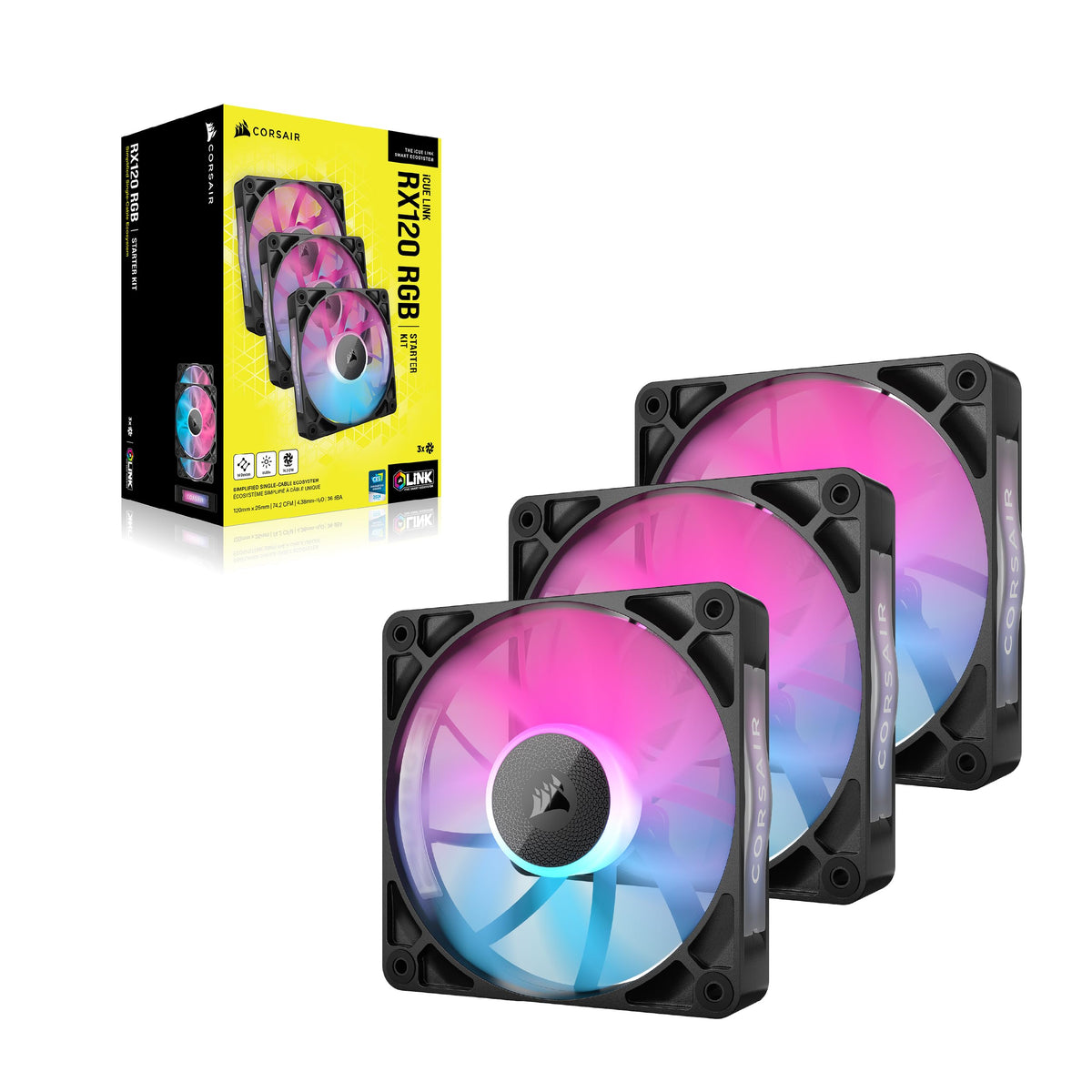 CORSAIR iCUE LINK RX120 RGB 120mm PWM Fans with iCUE LINK System Hub - Magnetic Coupling Bearing - Triple Pack - Black - CO-9051018-WW