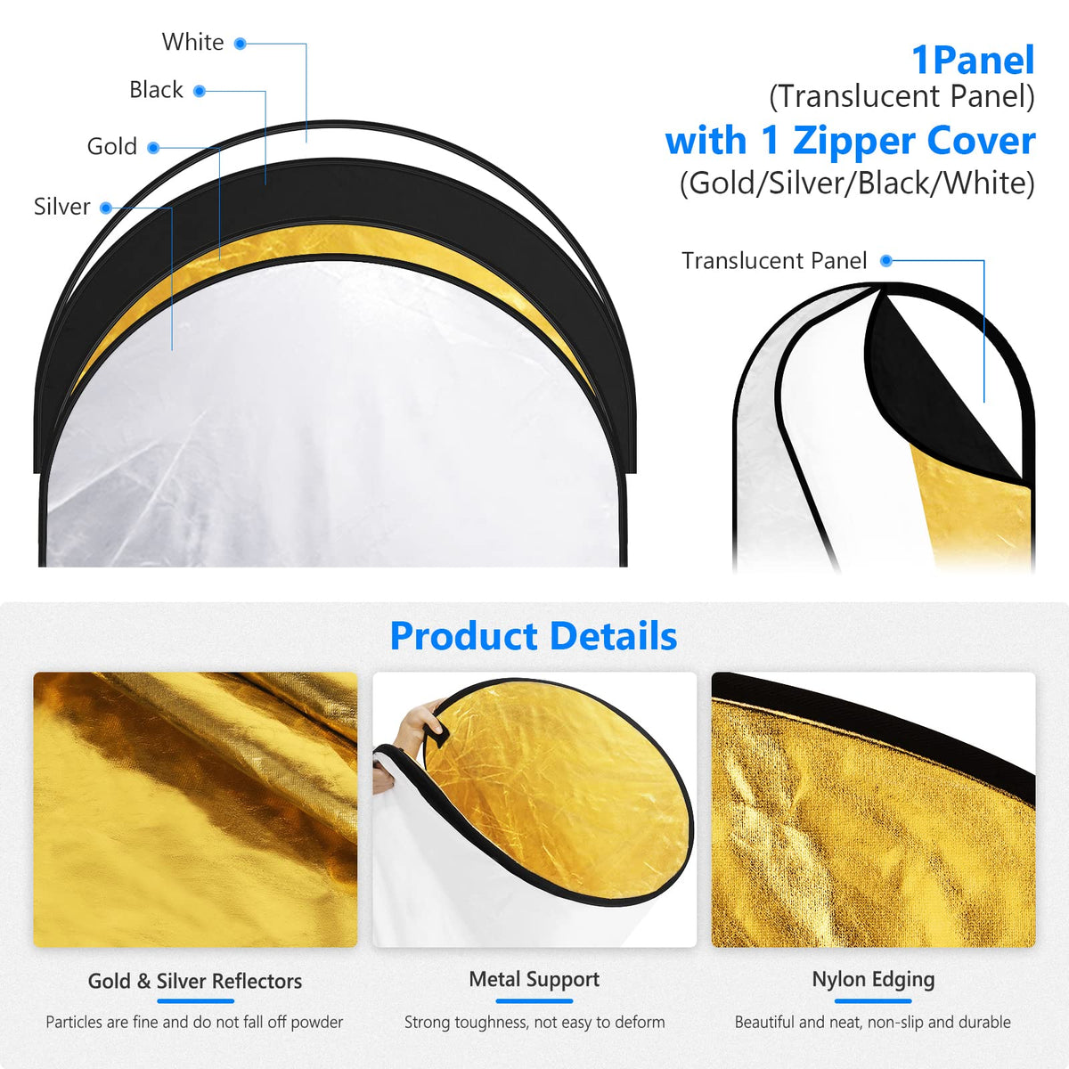 NEEWER 5 in 1 Reflector 24"x36"/60x90cm Light Reflector for Photography, Portable Foldable Multi Disc with Bag - Translucent, Silver, Gold, Black, White Diffuser for Studio and Outdoor Lighting - 88008128