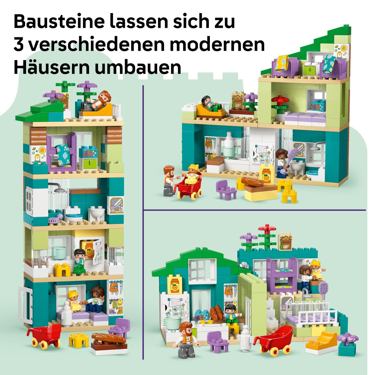 LEGO DUPLO 3-in-1 Modern Family House with Figures - Toddlers Learning Toy for Fine Motor Skills - Montessori Toy with Dollhouse Accessories - Gift for Girls and Boys from 2 Years - 10470