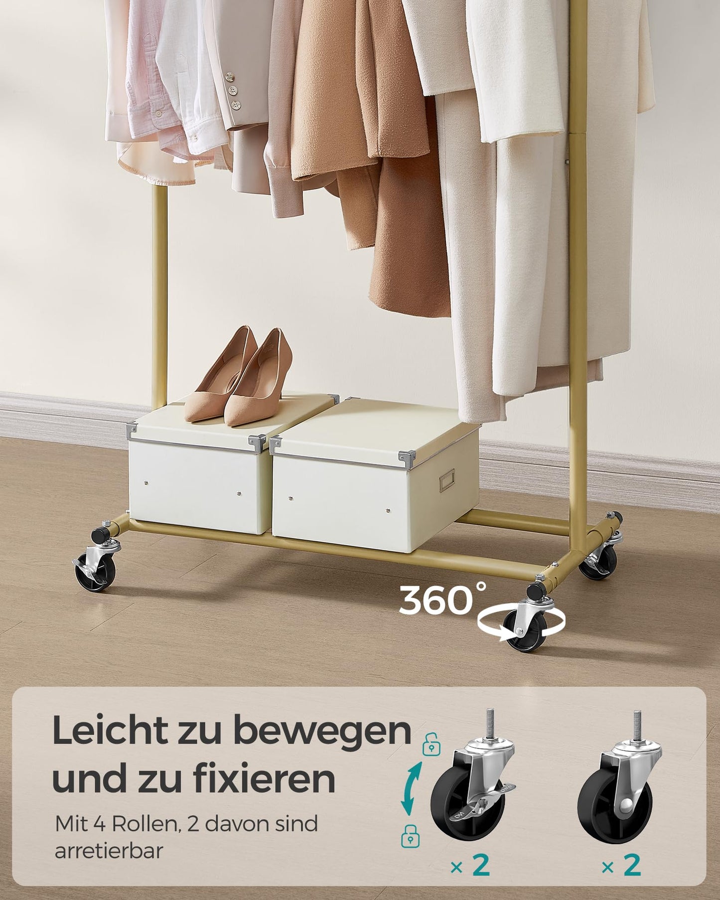 SONGMICS Clothes Rack on Wheels, Heavy Duty Coat Rack, Extendable Clothes Rail, Holds up to 100kg, Easy Assembly, Portable, Pale Gold HSR013A01 - PCT611W01
