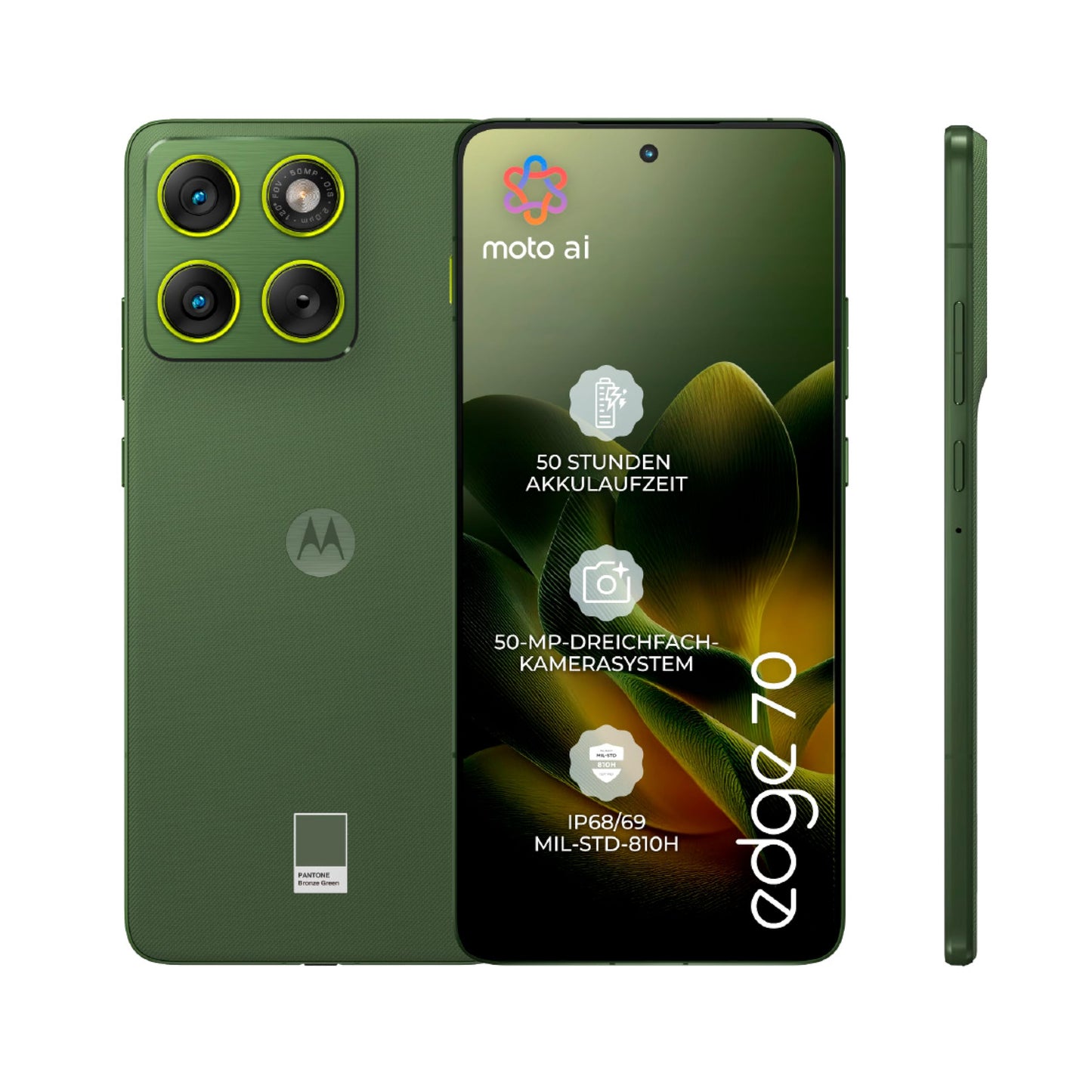 Motorola Edge 70 smartphone (rugged 6.67" pOLED display with Gorilla Glass 7i, 50 MP camera, 12-512 GB, water and heat resistant, 68W TurboPower charging), Pantone Bronze Green, incl. magnetic cover - motorola
